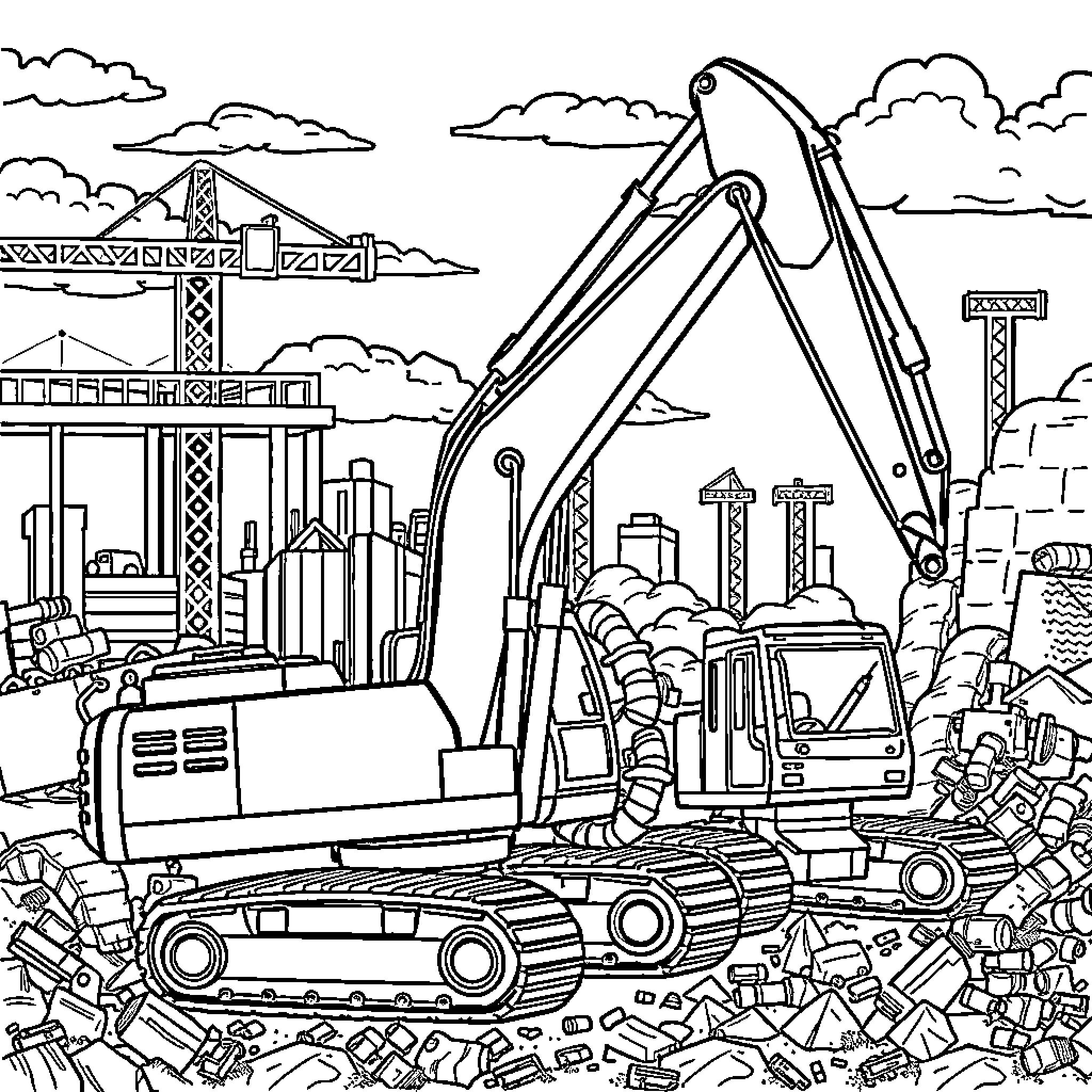 Excavator Machinery at Construction Site Coloring Page (free black-and-white line drawing printable PDF for all, from beginners to advanced learners, including children, teens, adults, and seniors)