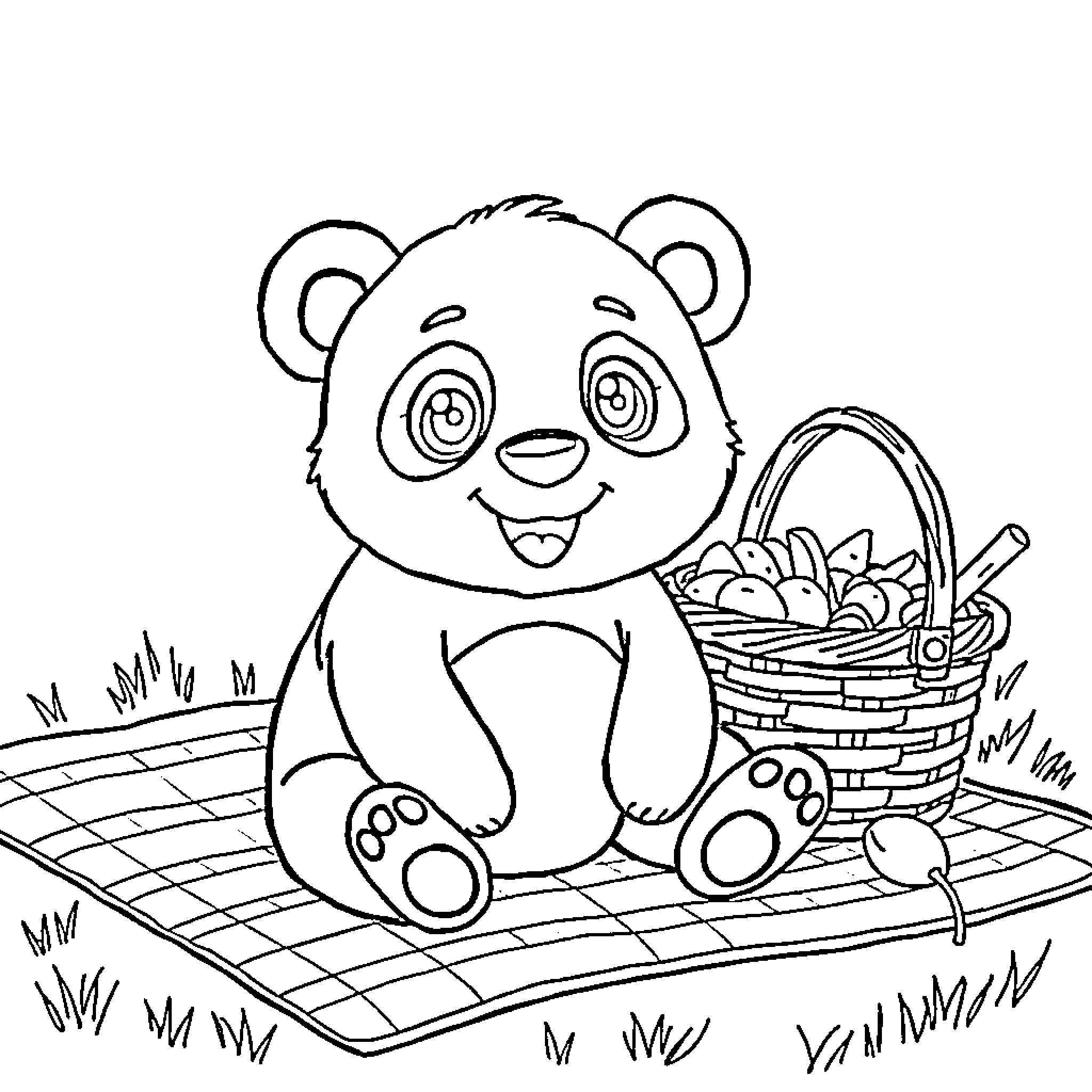 Panda enjoying a picnic in the park Coloring Page (free black-and-white line drawing printable PDF for all, from beginners to advanced learners, including children, teens, adults, and seniors)