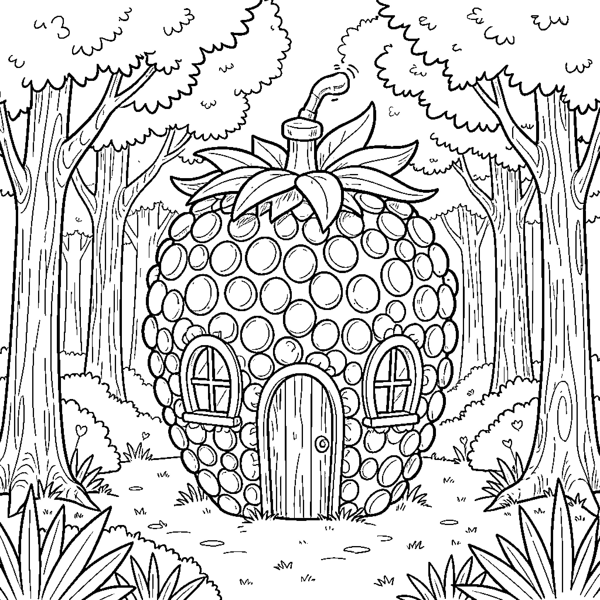 Strawberry Fairy House in the Enchanted Forest Coloring Page (free black-and-white line drawing printable PDF for all, from beginners to advanced learners, including children, teens, adults, and seniors)