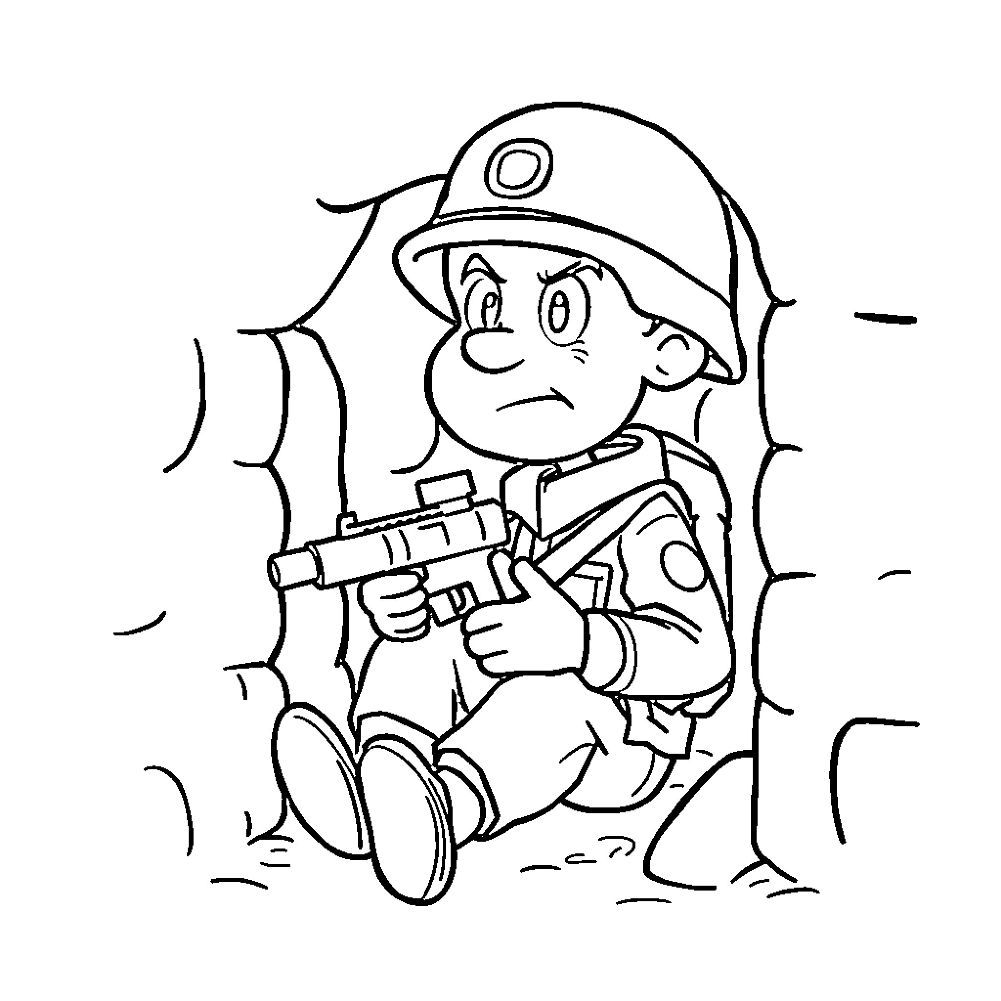 Soldier sitting and holding a rifle Coloring Page (free black-and-white line drawing printable PDF for all, from beginners to advanced learners, including children, teens, adults, and seniors)