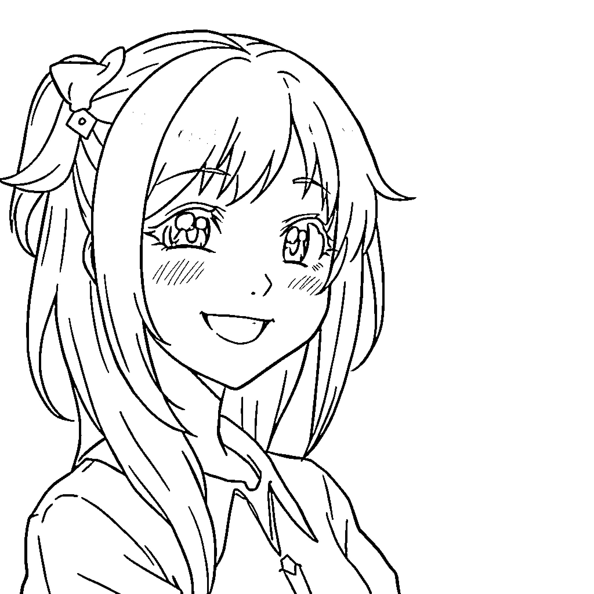 Moka Akashiya smiling with joy and excitement Coloring Page (free black-and-white line drawing printable PDF for all, from beginners to advanced learners, including children, teens, adults, and seniors)
