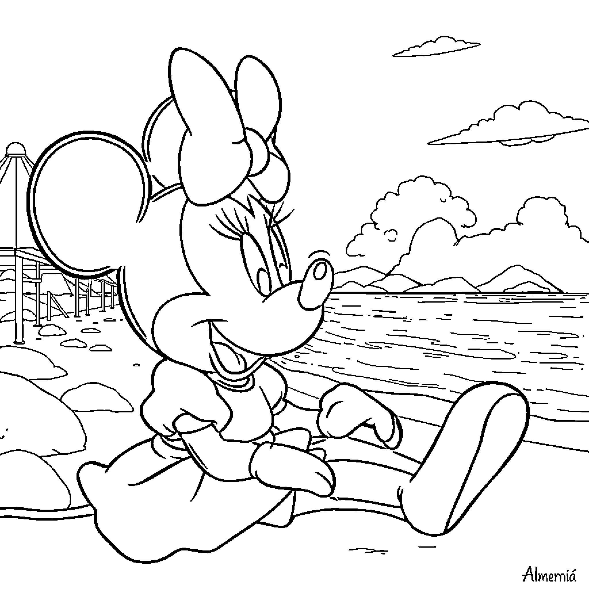 Minnie enjoying a peaceful day at the beach Coloring Page (free black-and-white line drawing printable PDF for all, from beginners to advanced learners, including children, teens, adults, and seniors)