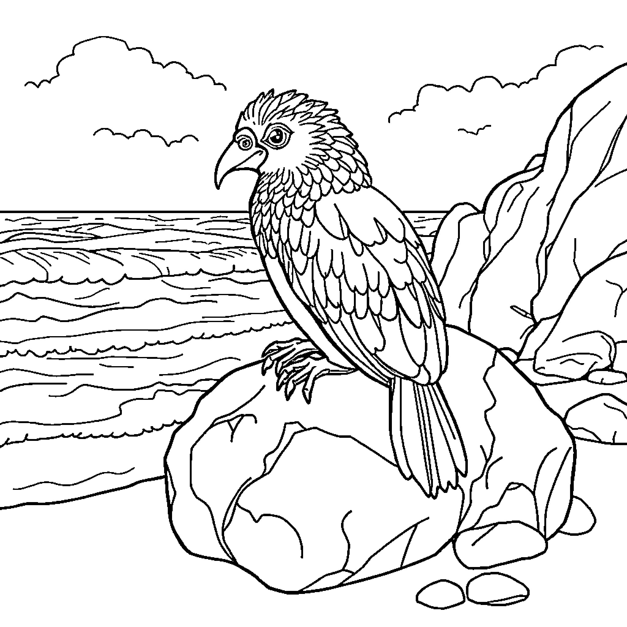 Parrot perched on rocky seaside Coloring Page (free black-and-white line drawing printable PDF for all, from beginners to advanced learners, including children, teens, adults, and seniors)