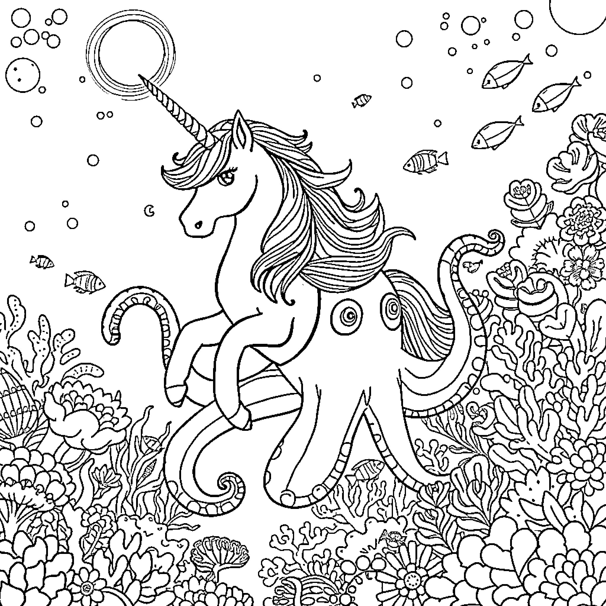 Unicorn swimming joyfully in the underwater garden Coloring Page (free black-and-white line drawing printable PDF for all, from beginners to advanced learners, including children, teens, adults, and seniors)