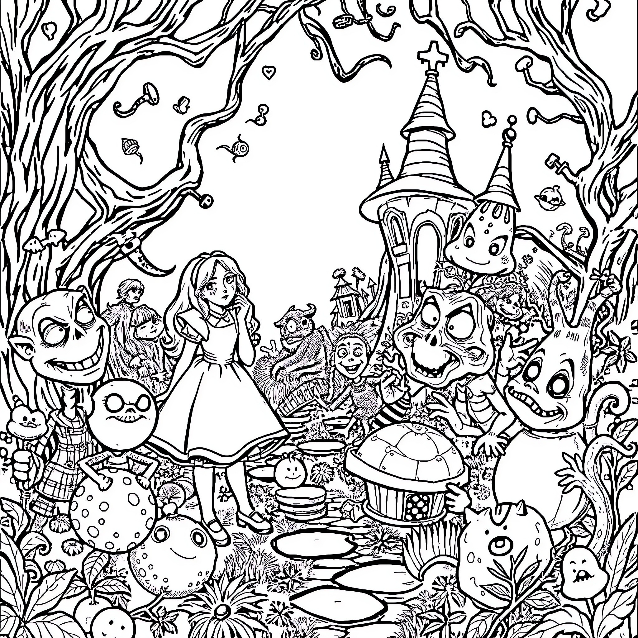 Alice's Wonderland Adventure Coloring Page (free black-and-white line drawing printable PDF for all, from beginners to advanced learners, including children, teens, adults, and seniors)