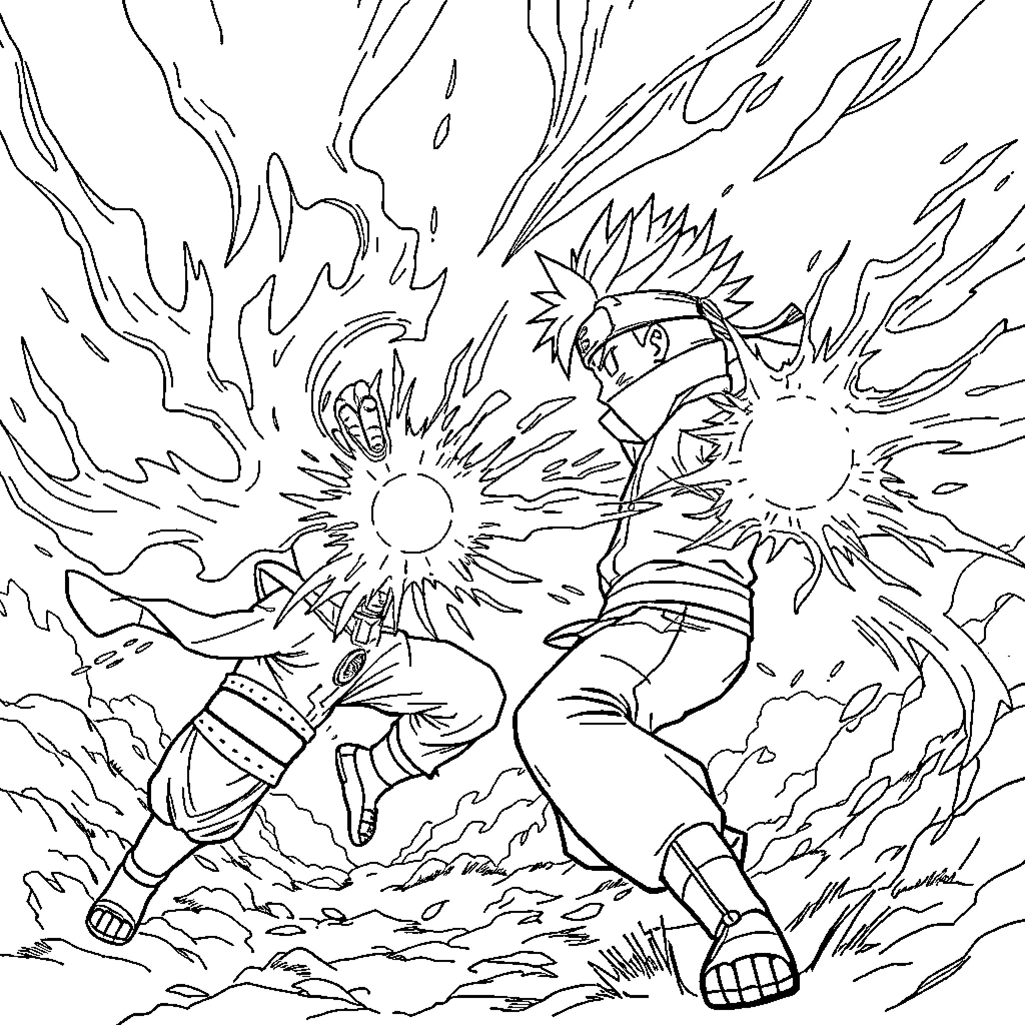 Naruto Unleashing Powerful Jutsu in Epic Clash Coloring Page (free black-and-white line drawing printable PDF for all, from beginners to advanced learners, including children, teens, adults, and seniors)