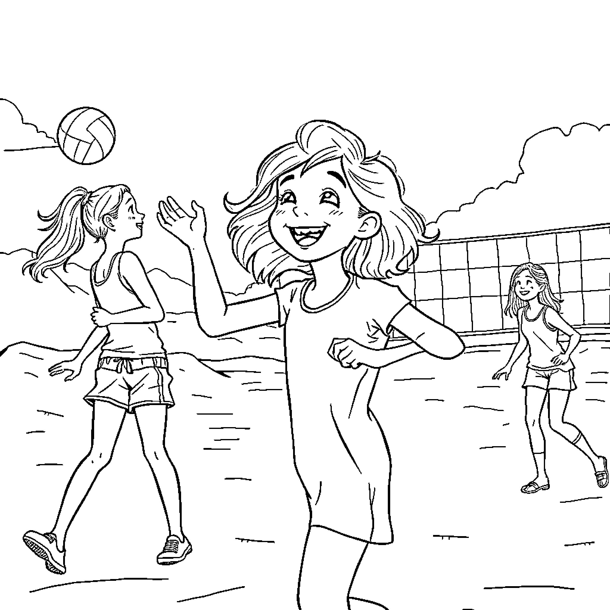 Girl enjoying beach volleyball with friends Coloring Page (free black-and-white line drawing printable PDF for all, from beginners to advanced learners, including children, teens, adults, and seniors)