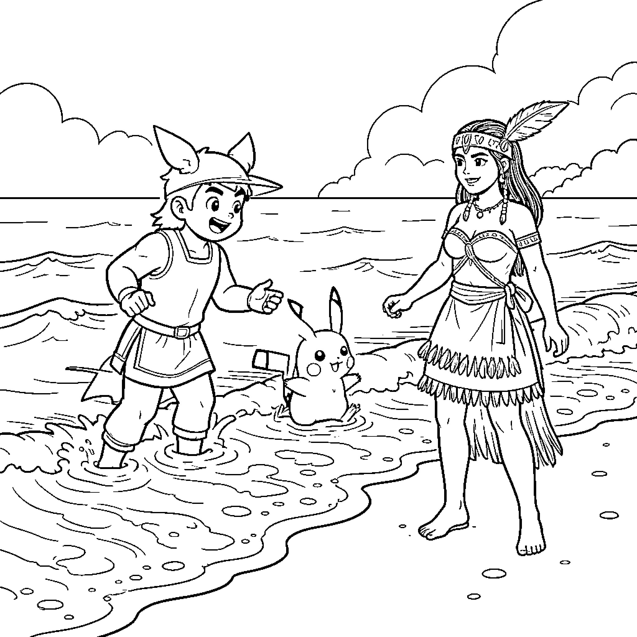 Marcus playing with a creature at the beach Coloring Page (free black-and-white line drawing printable PDF for all, from beginners to advanced learners, including children, teens, adults, and seniors)