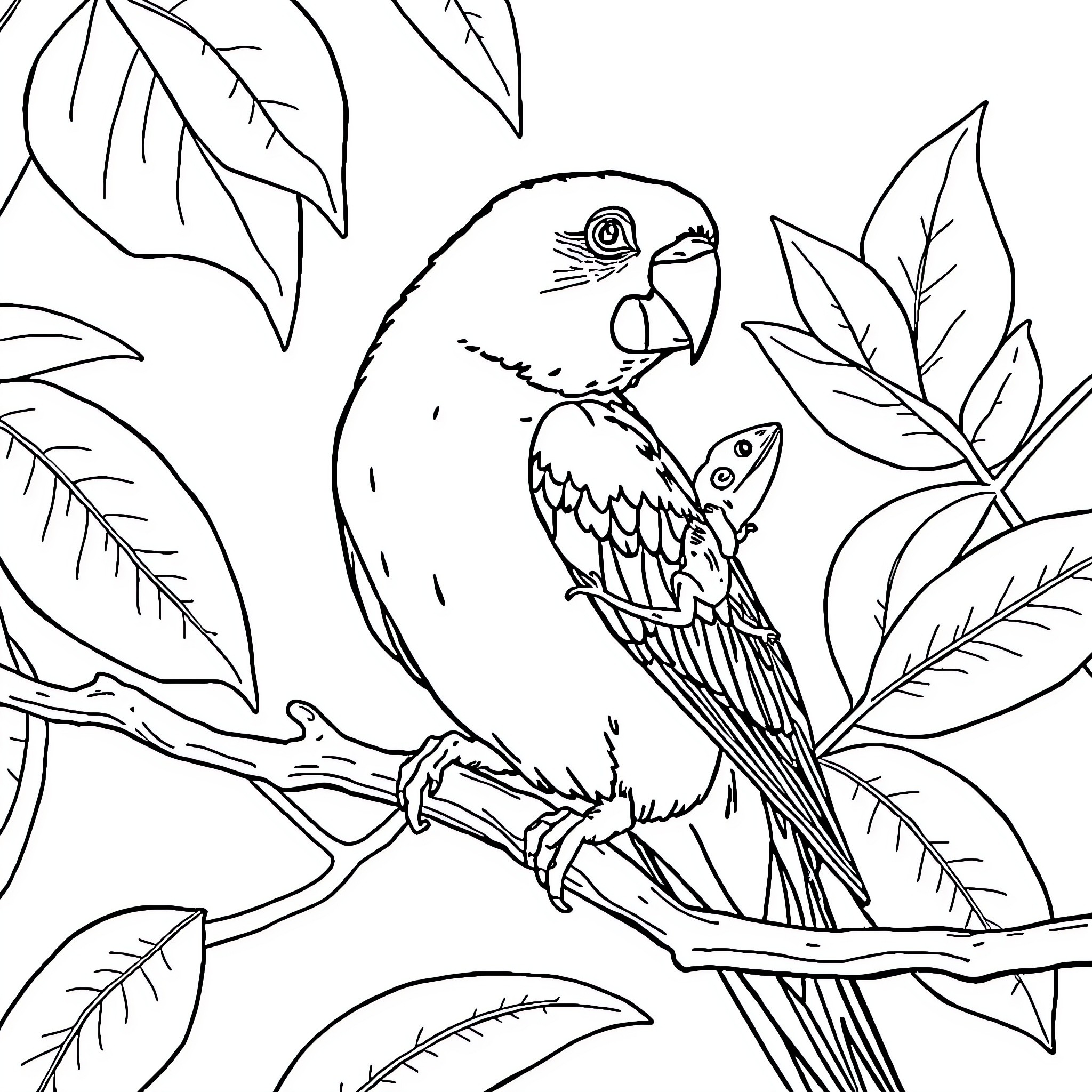 Budgie perched on branch amidst lush foliage Coloring Page (free black-and-white line drawing printable PDF for all, from beginners to advanced learners, including children, teens, adults, and seniors)
