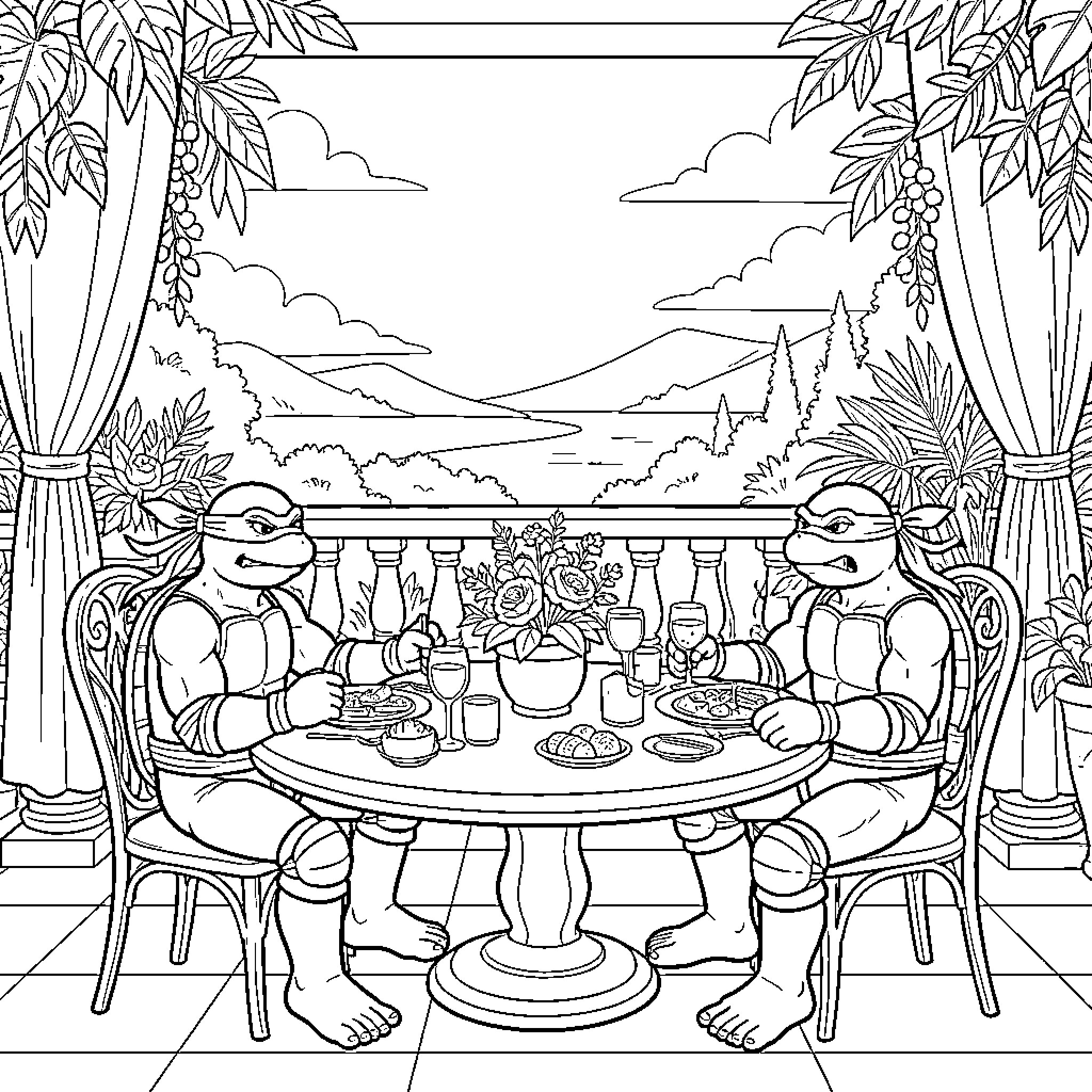 Ninja Turtles enjoying a scenic outdoor meal Coloring Page (free black-and-white line drawing printable PDF for all, from beginners to advanced learners, including children, teens, adults, and seniors)