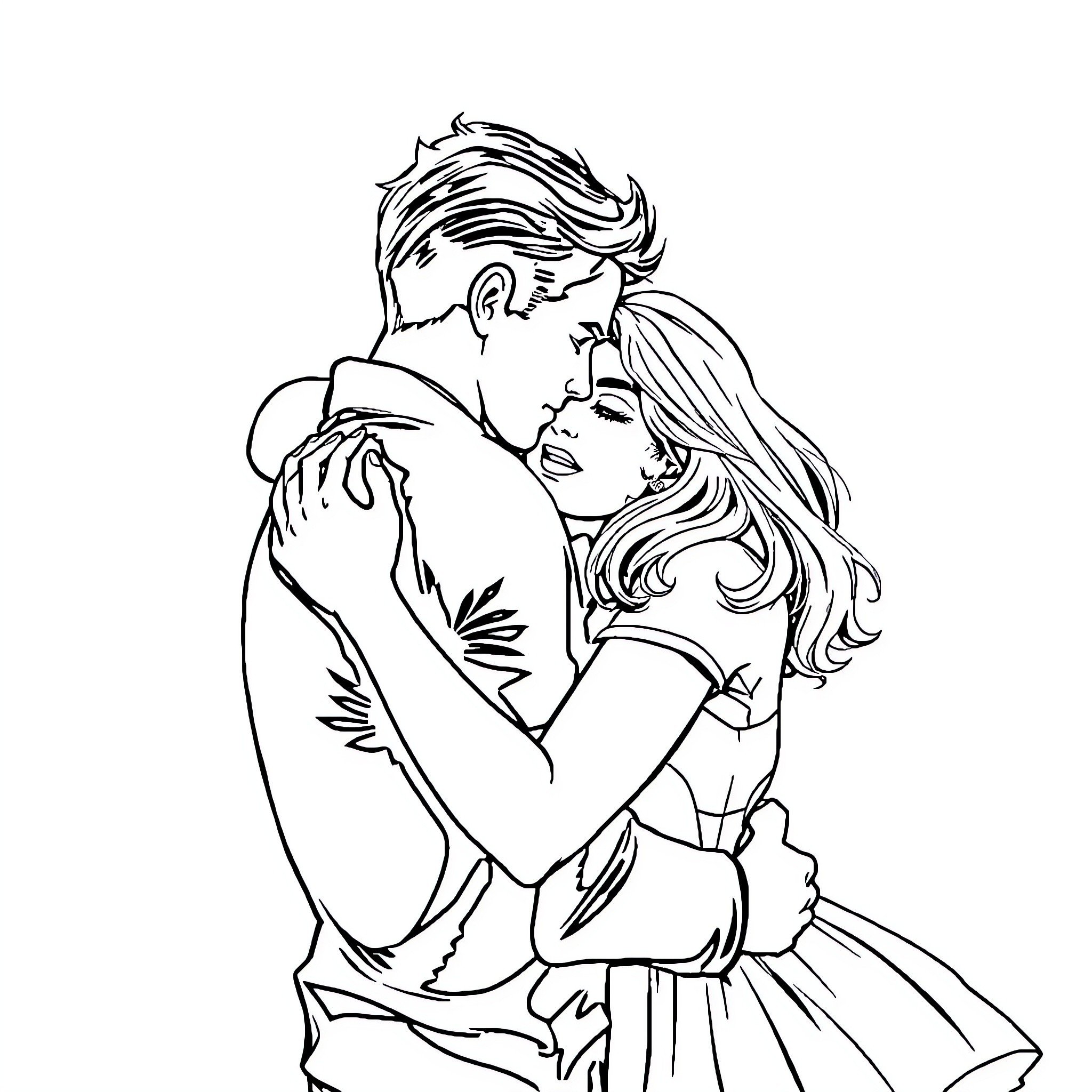 Girl embracing her partner lovingly Coloring Page (free black-and-white line drawing printable PDF for all, from beginners to advanced learners, including children, teens, adults, and seniors)