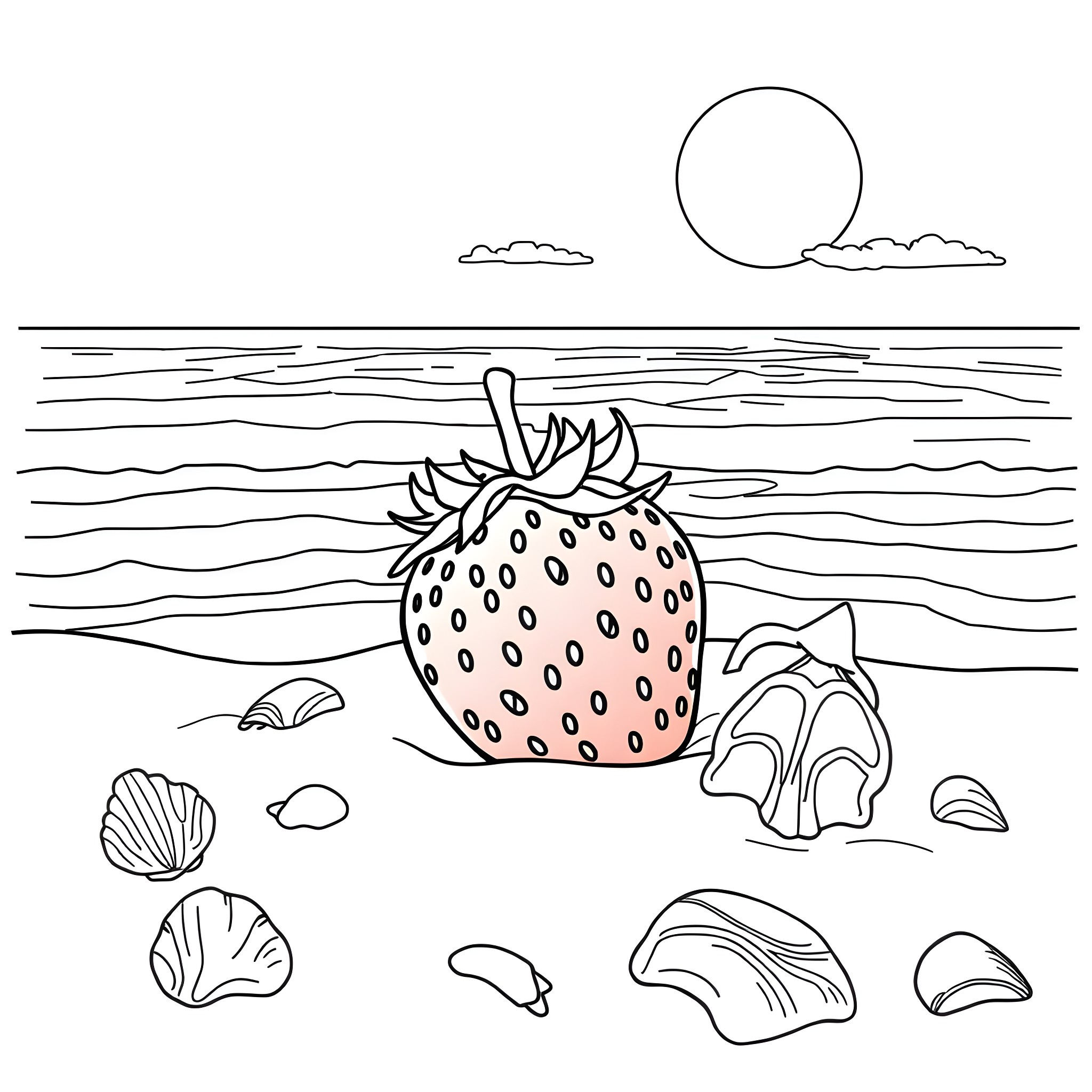 Strawberry Seascape with Shells Coloring Page (free black-and-white line drawing printable PDF for all, from beginners to advanced learners, including children, teens, adults, and seniors)