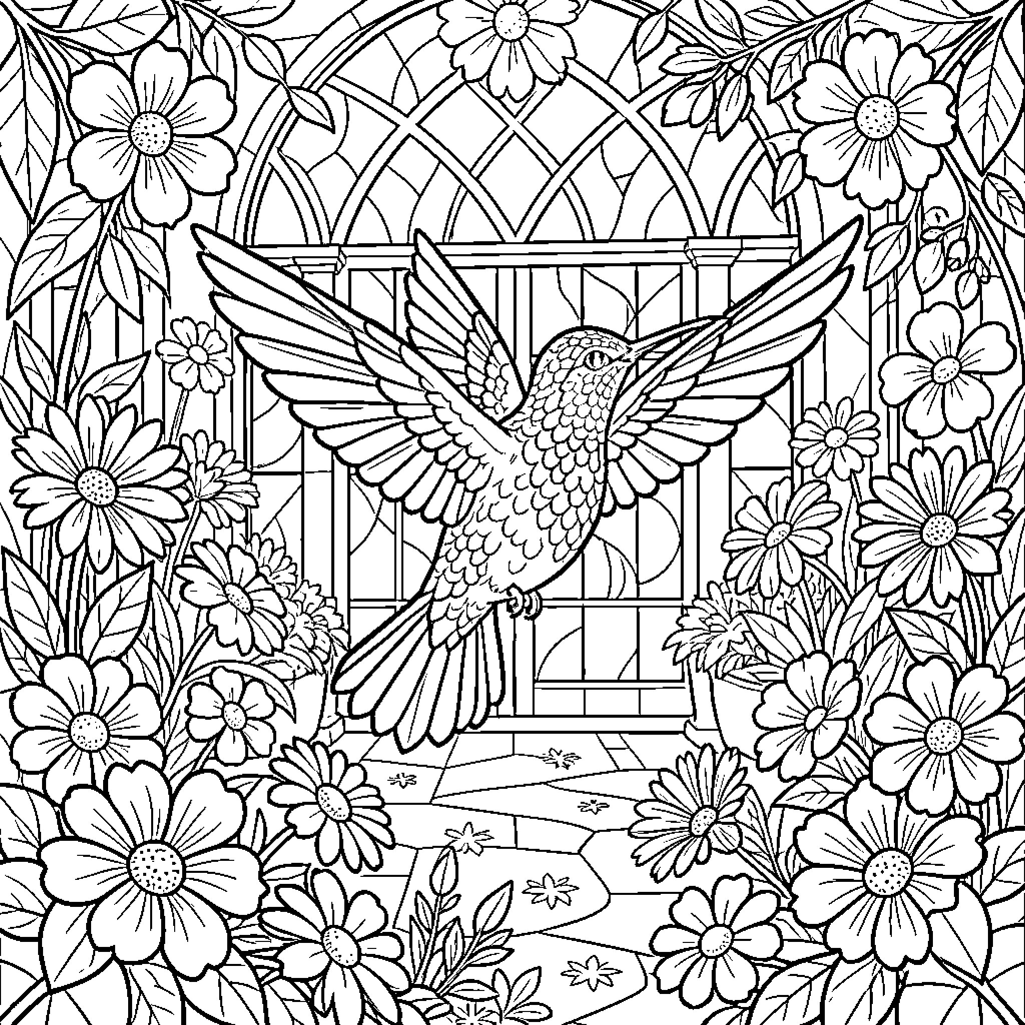 Hummingbird amidst blooming flowers and stained glass Coloring Page (free black-and-white line drawing printable PDF for all, from beginners to advanced learners, including children, teens, adults, and seniors)