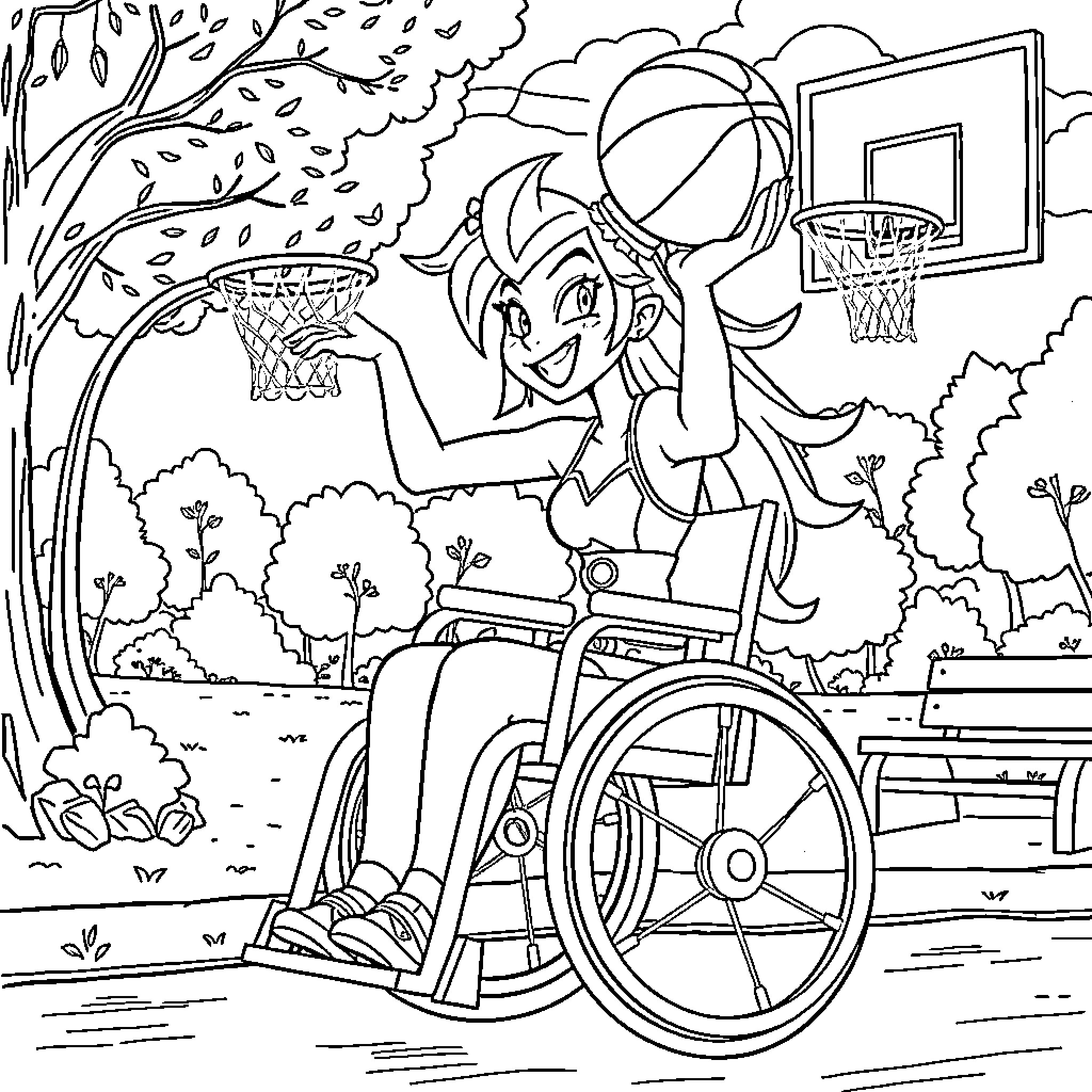 Jinx's Wheelchair Basketball Adventure Coloring Page (free black-and-white line drawing printable PDF for all, from beginners to advanced learners, including children, teens, adults, and seniors)