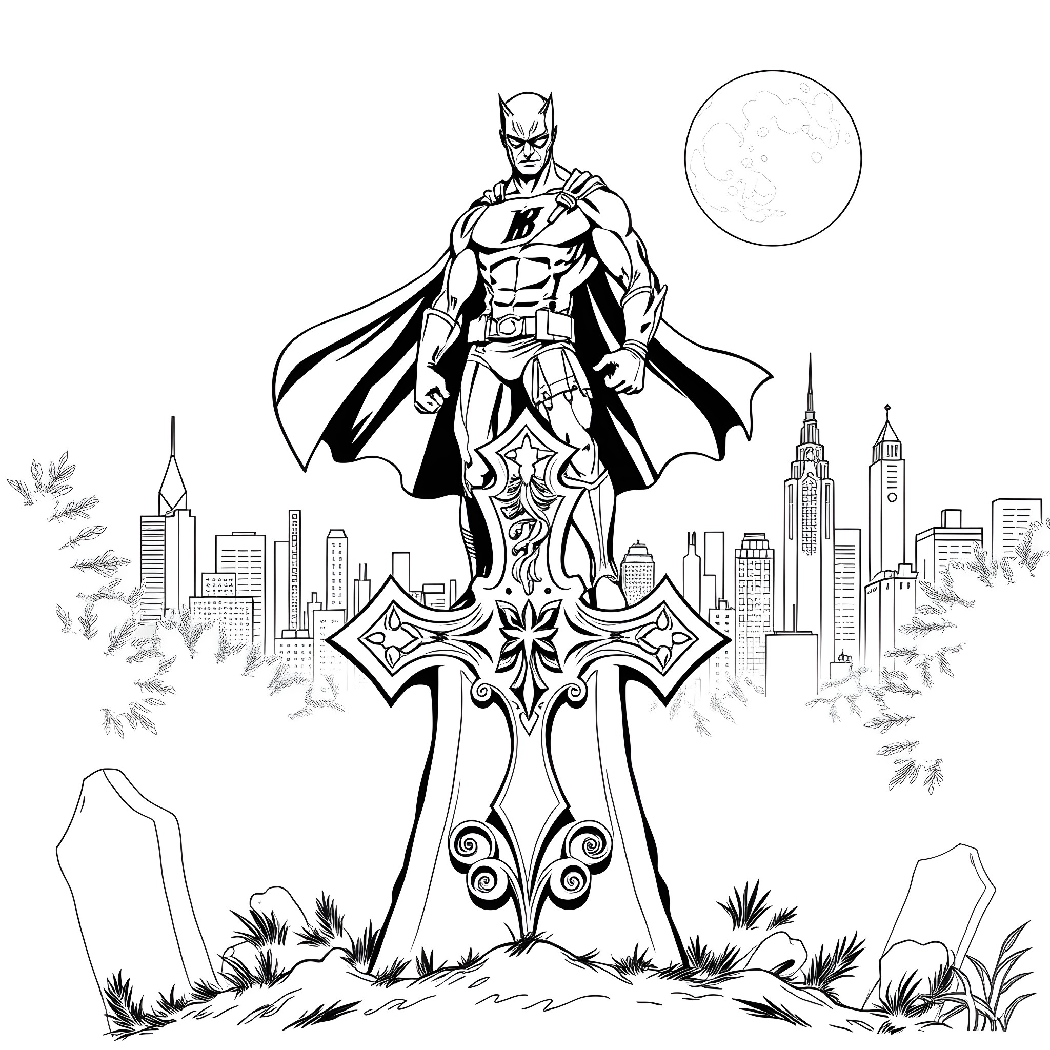 Daredevil hero posing in front of cityscape Coloring Page (free black-and-white line drawing printable PDF for all, from beginners to advanced learners, including children, teens, adults, and seniors)