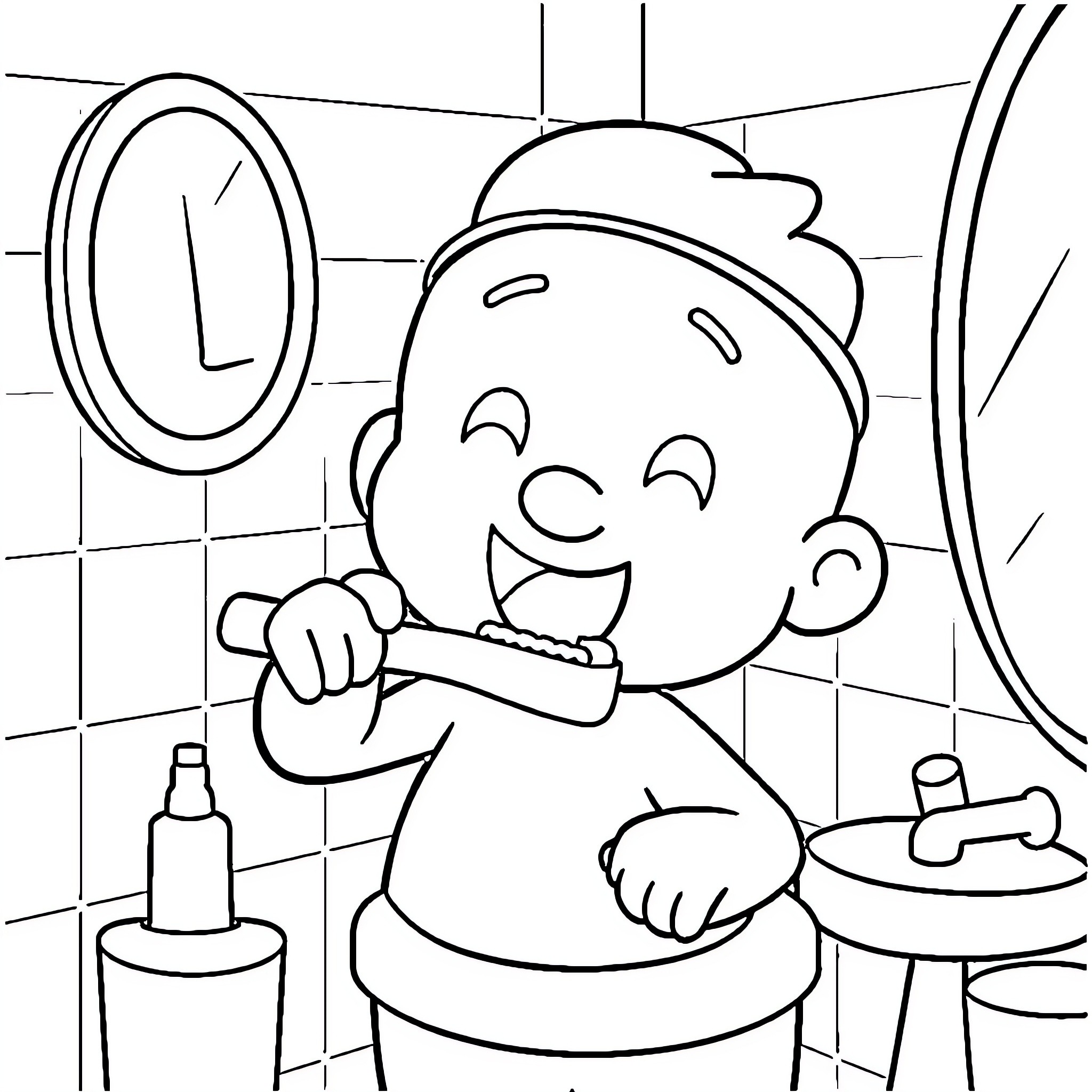 Pocoyo brushing his teeth in the bathroom Coloring Page (free black-and-white line drawing printable PDF for all, from beginners to advanced learners, including children, teens, adults, and seniors)
