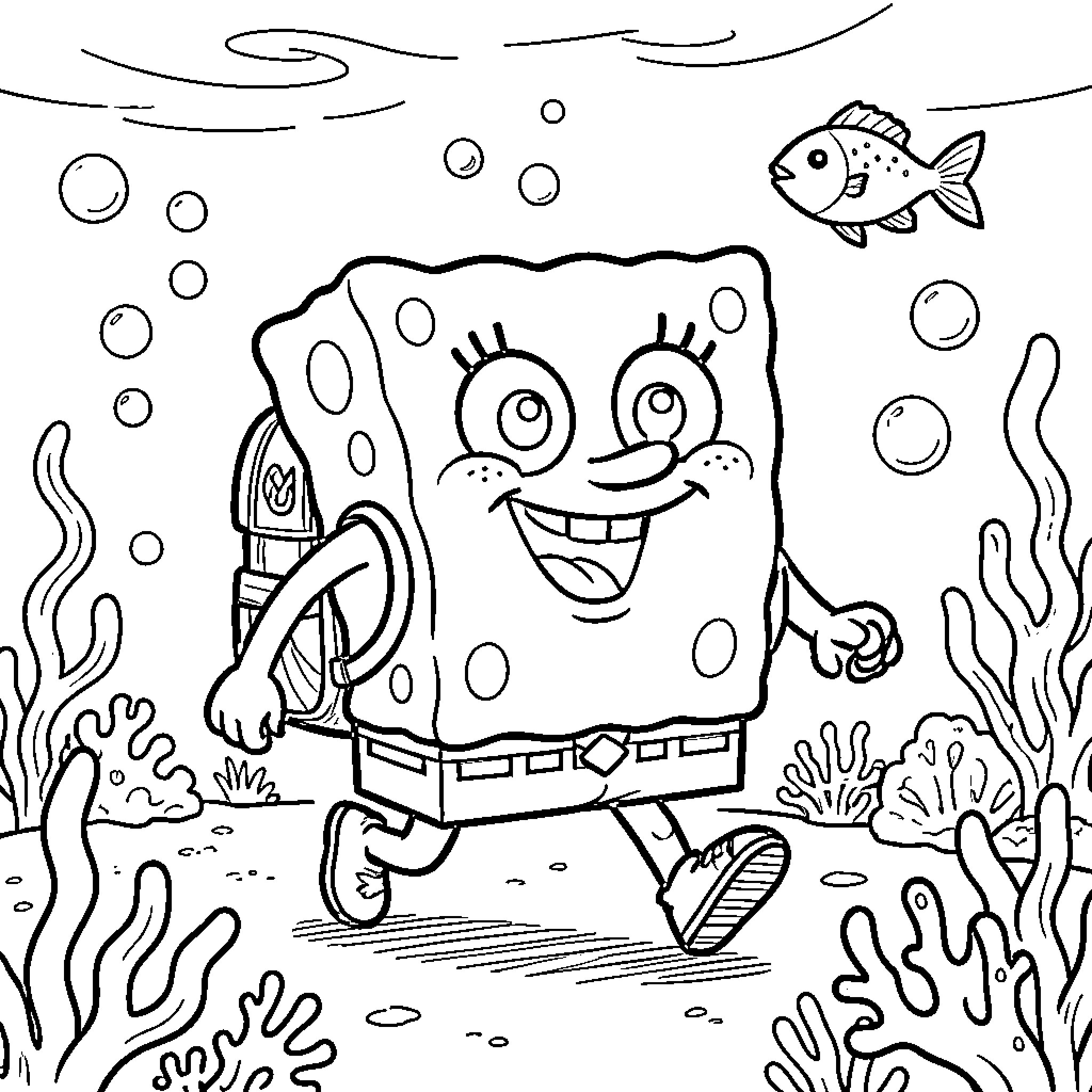 Spongebob walking happily through an underwater scene Coloring Page (free black-and-white line drawing printable PDF for all, from beginners to advanced learners, including children, teens, adults, and seniors)