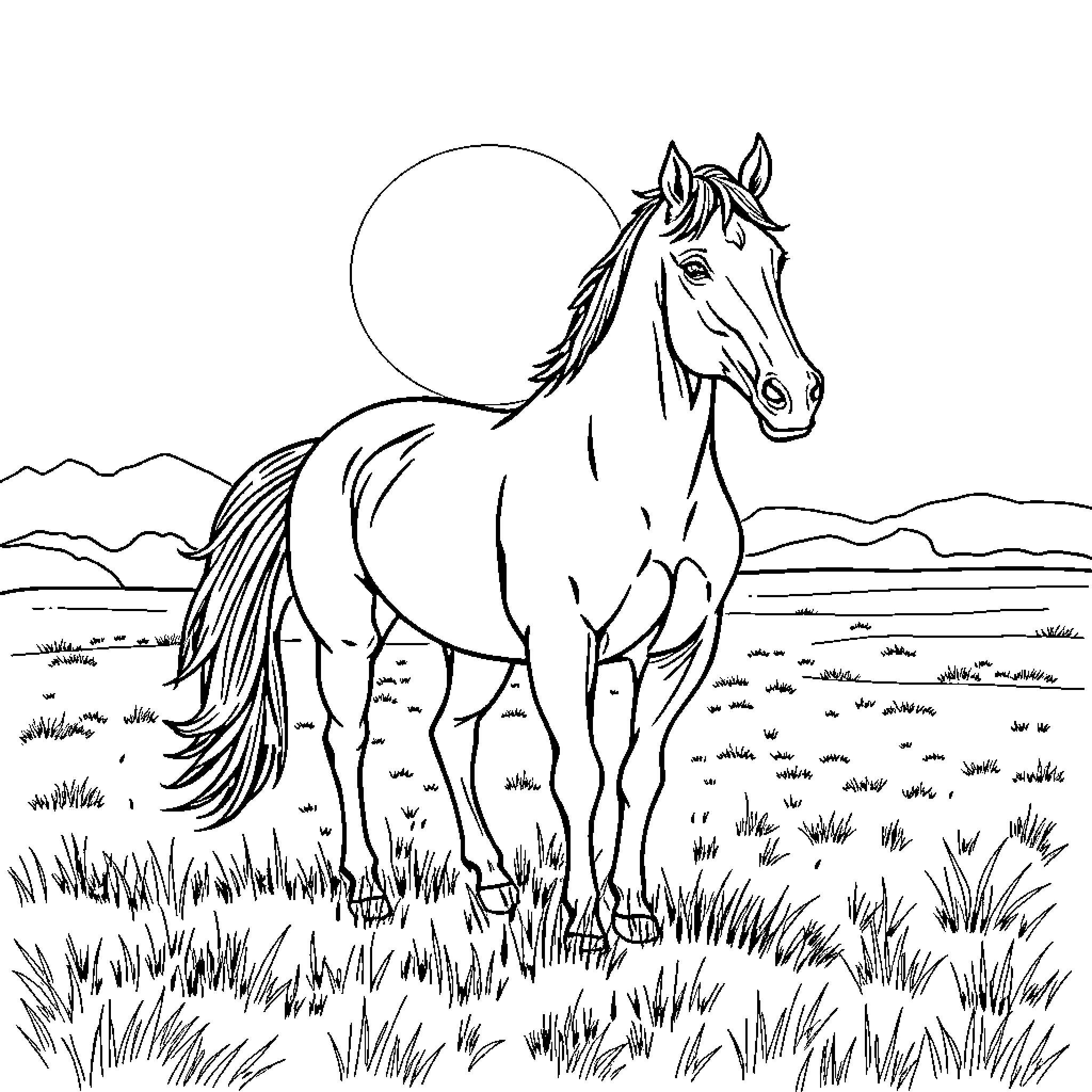 Horse standing majestically in a grassy field Coloring Page (free black-and-white line drawing printable PDF for all, from beginners to advanced learners, including children, teens, adults, and seniors)