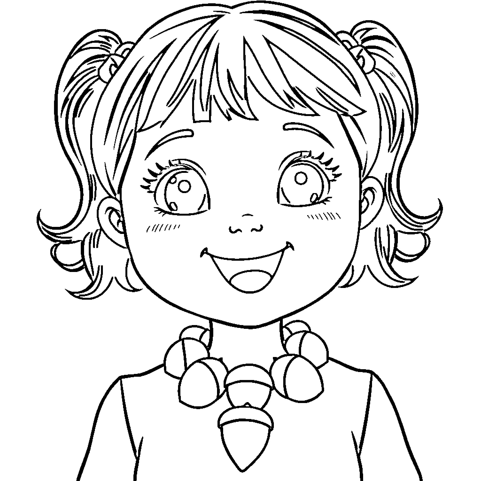 Girl with a cheerful expression and pigtails Coloring Page (free black-and-white line drawing printable PDF for all, from beginners to advanced learners, including children, teens, adults, and seniors)
