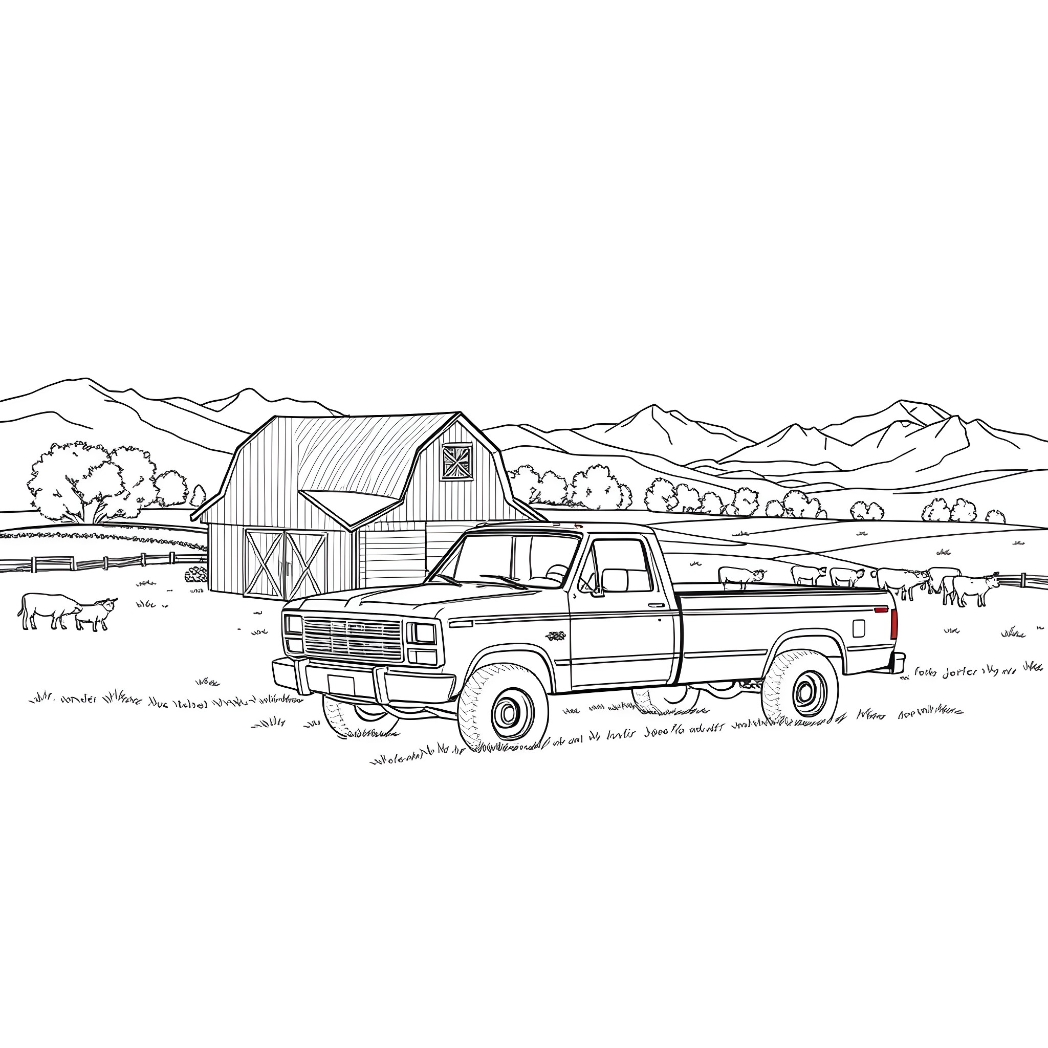 Pickup truck in countryside landscape Coloring Page (free black-and-white line drawing printable PDF for all, from beginners to advanced learners, including children, teens, adults, and seniors)