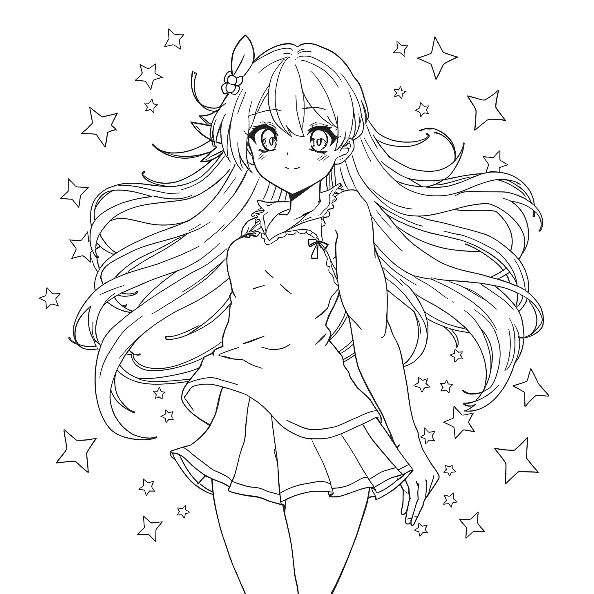 Anime Girl with Flowing Hair and Stars Coloring Page (free black-and-white line drawing printable PDF for all, from beginners to advanced learners, including children, teens, adults, and seniors)