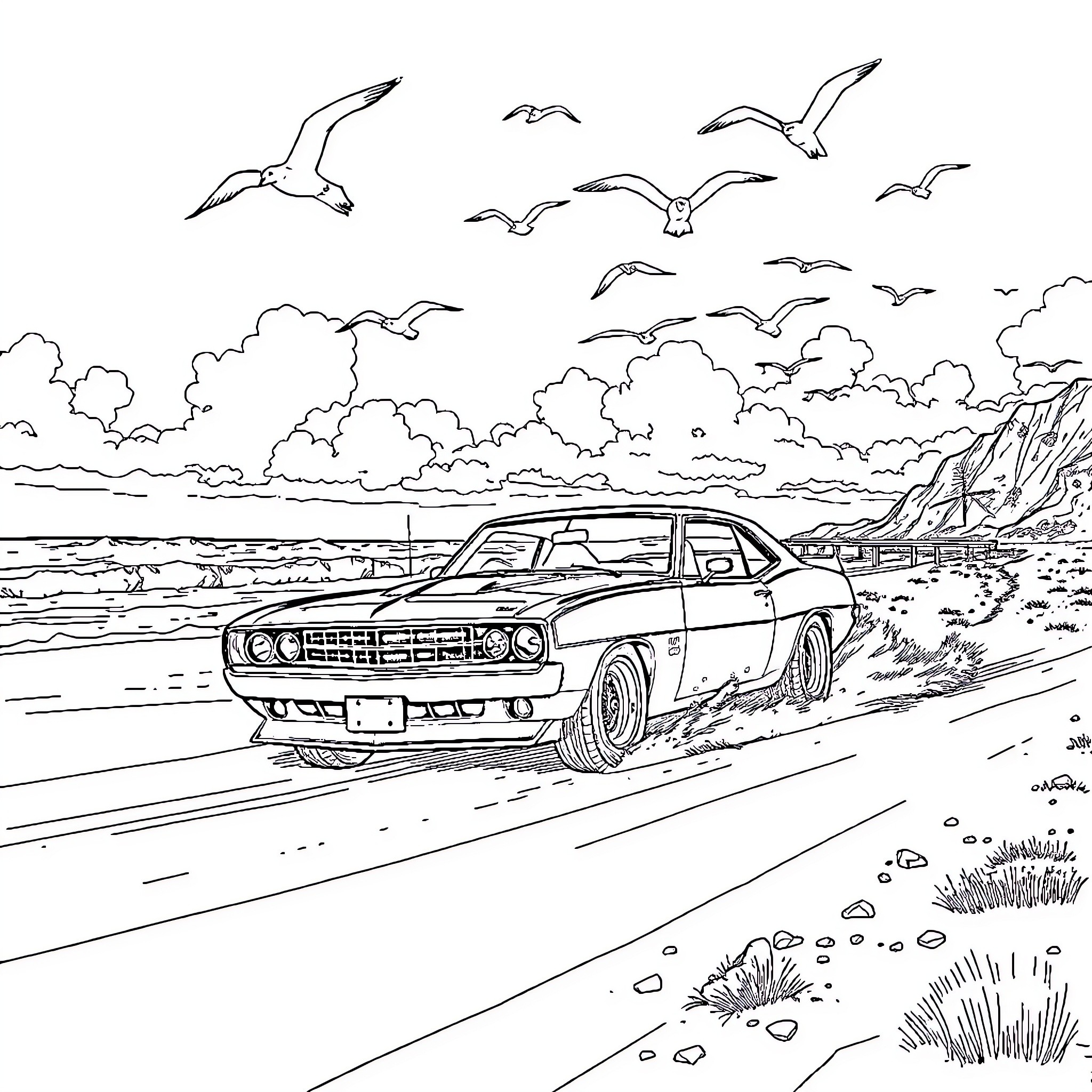 Camaro speeding through coastal landscape Coloring Page (free black-and-white line drawing printable PDF for all, from beginners to advanced learners, including children, teens, adults, and seniors)