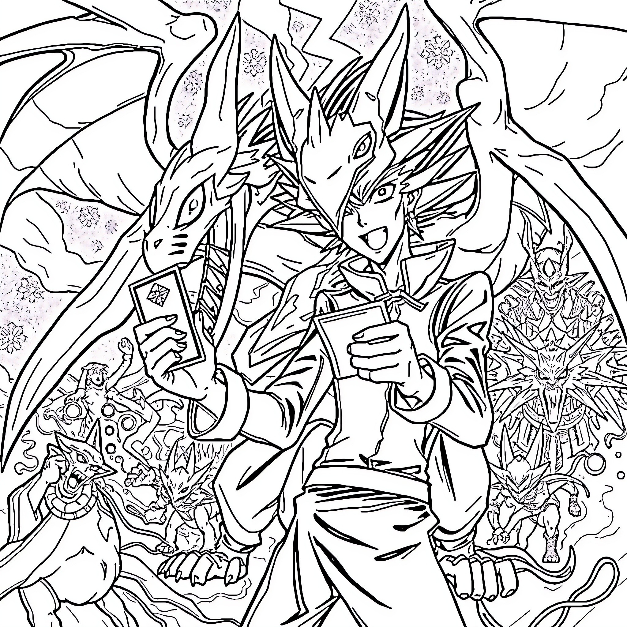 Yugi Moto and dragons in an epic duel Coloring Page (free black-and-white line drawing printable PDF for all, from beginners to advanced learners, including children, teens, adults, and seniors)