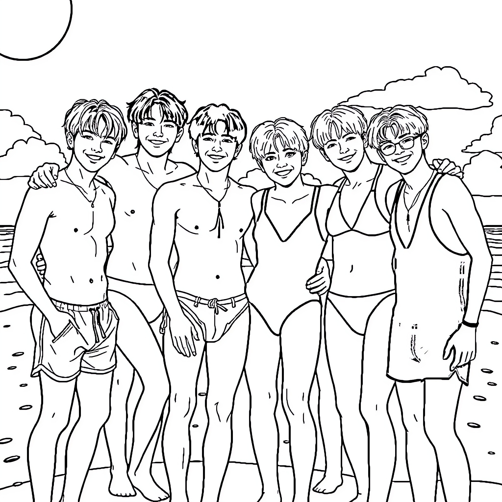 BTS at the Beach Coloring Page (free black-and-white line drawing printable PDF for all, from beginners to advanced learners, including children, teens, adults, and seniors)