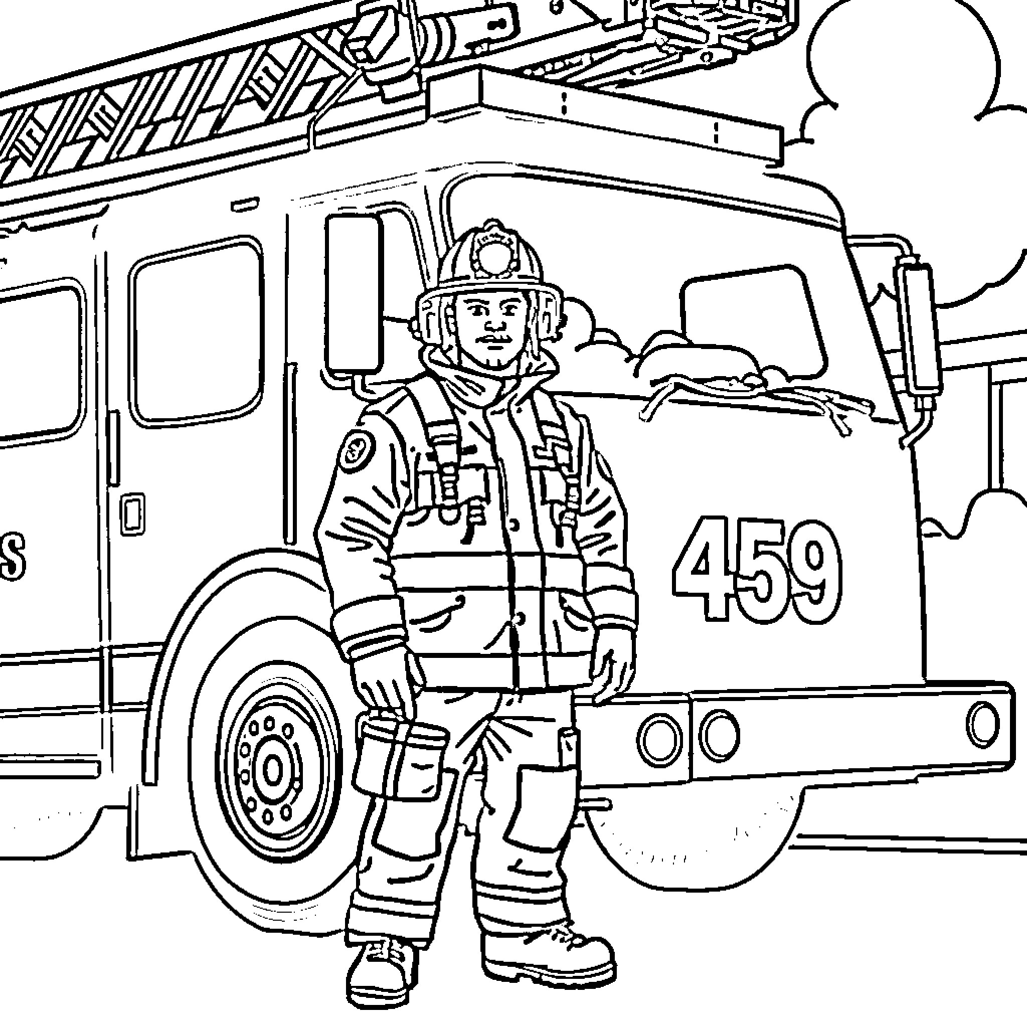Fire Fighter Operating Fire Truck Coloring Page (free black-and-white line drawing printable PDF for all, from beginners to advanced learners, including children, teens, adults, and seniors)