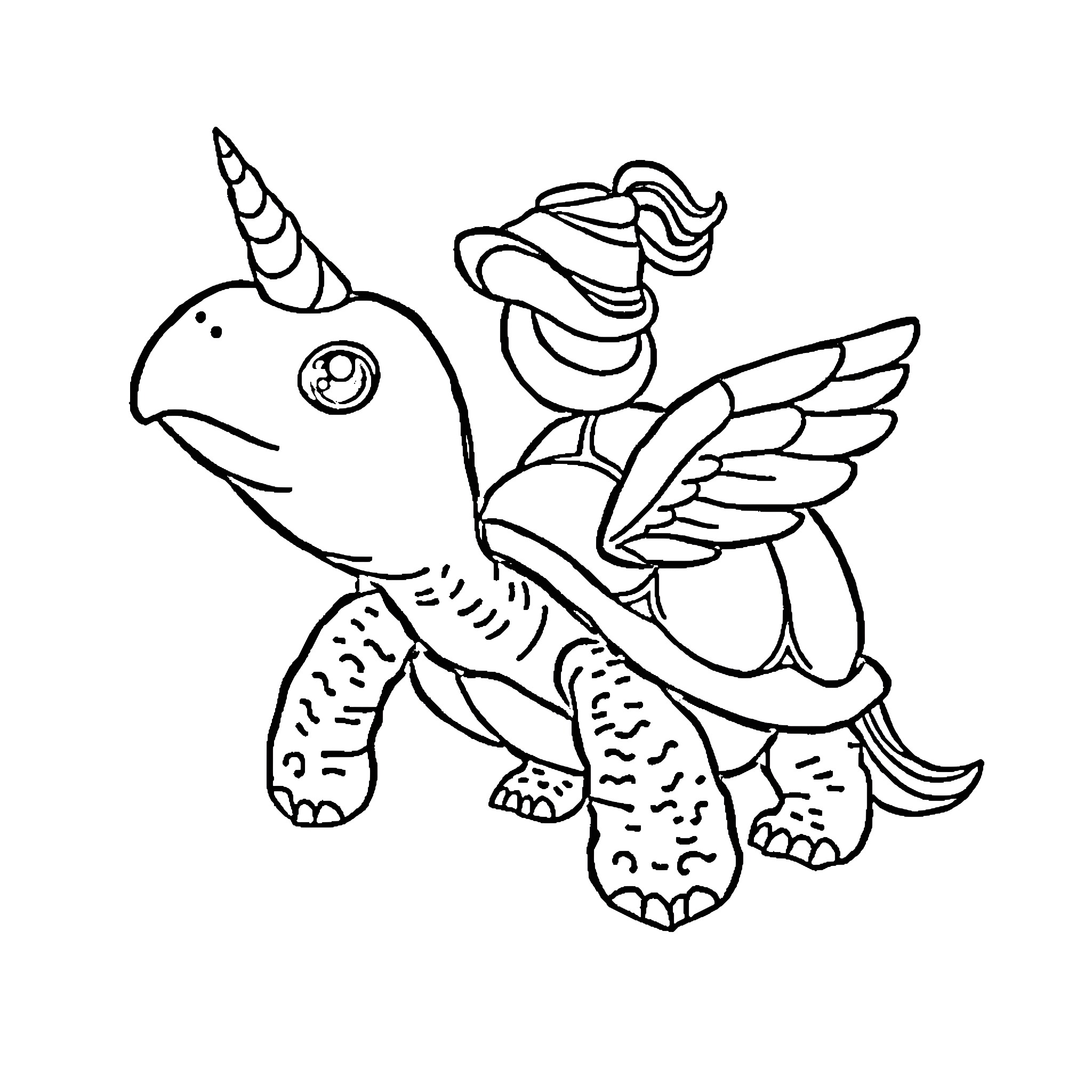 Turtle with Whimsical Wings and Unicorn Horn Coloring Page (free black-and-white line drawing printable PDF for all, from beginners to advanced learners, including children, teens, adults, and seniors)