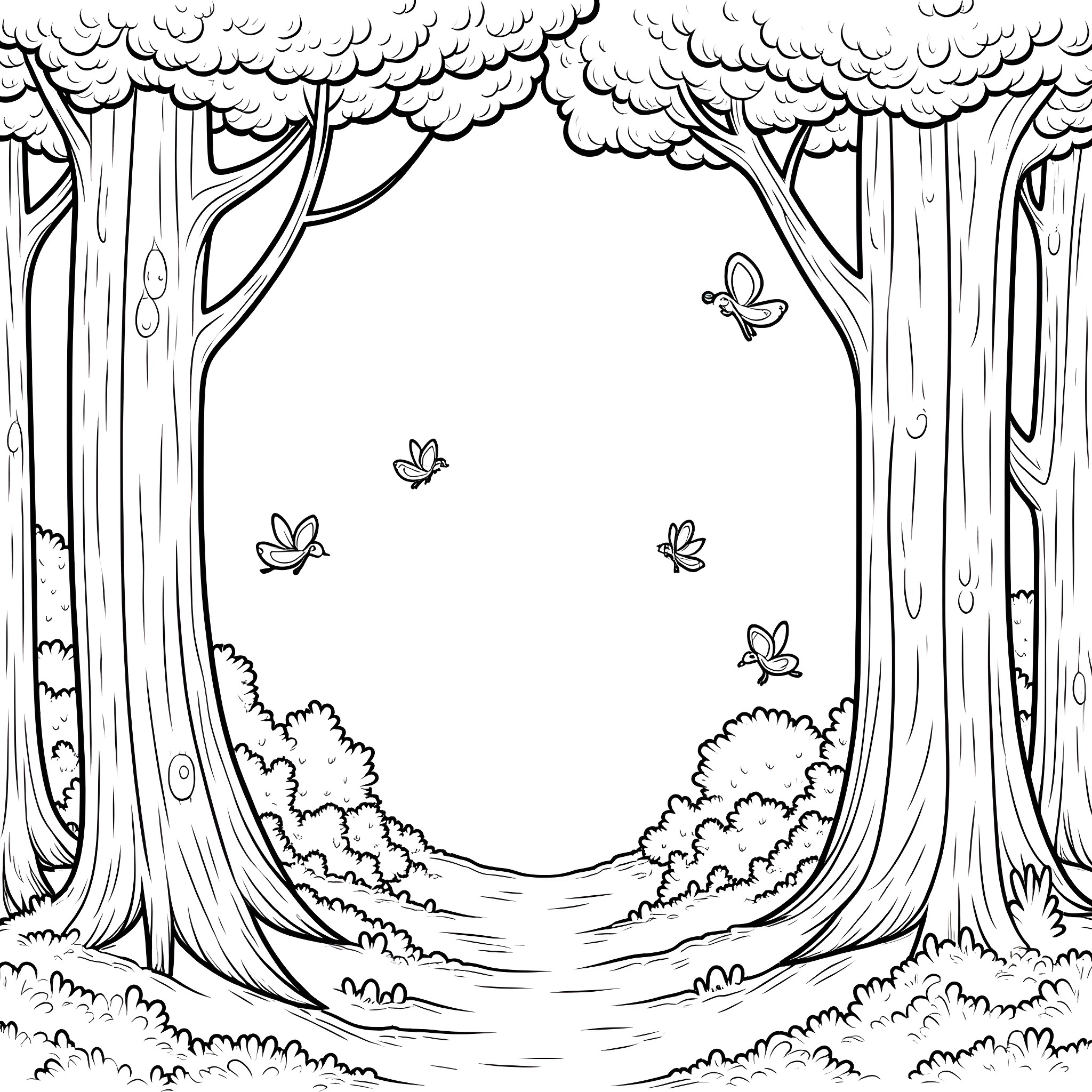Fairy Forest with Whimsical Butterflies Coloring Page (free black-and-white line drawing printable PDF for all, from beginners to advanced learners, including children, teens, adults, and seniors)