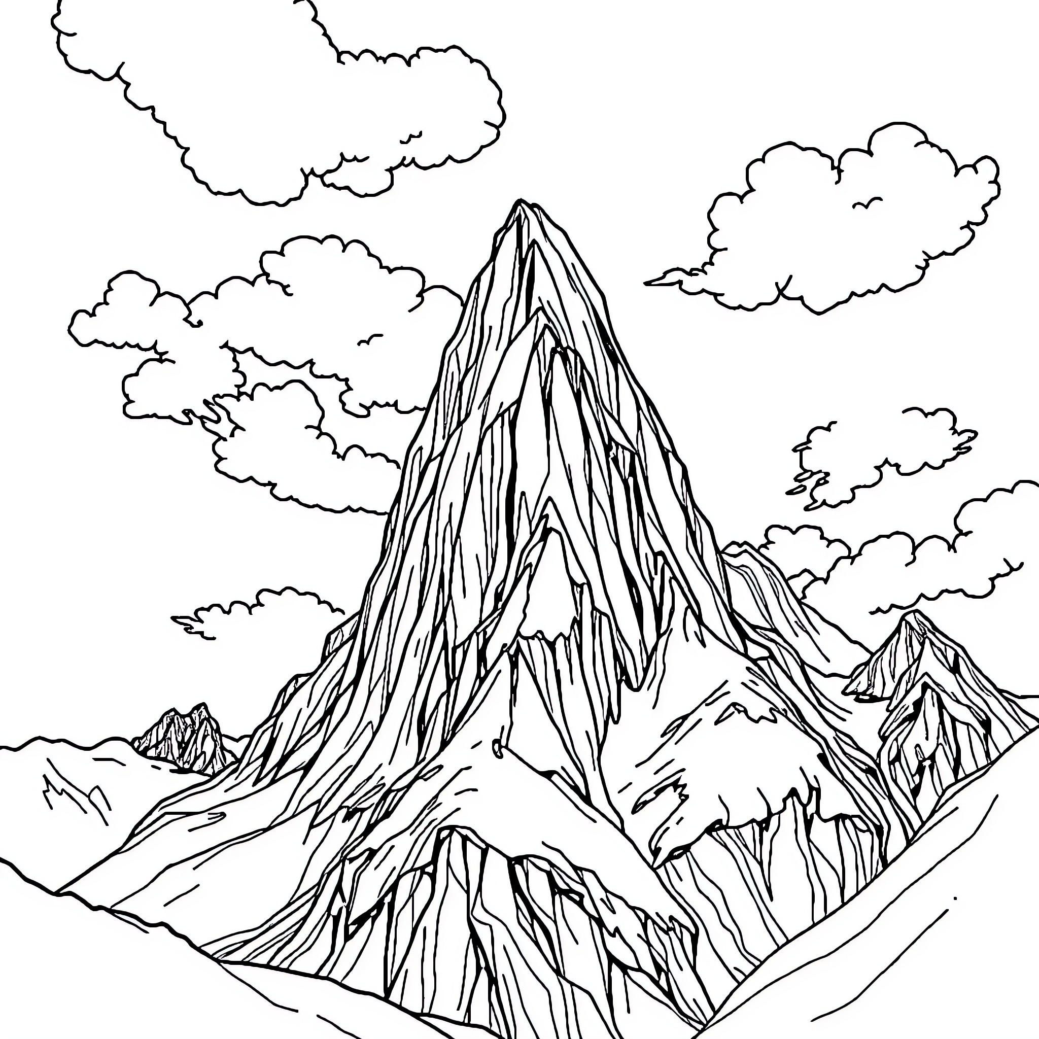 Mountain landscape with towering peaks and cloudy sky Coloring Page (free black-and-white line drawing printable PDF for all, from beginners to advanced learners, including children, teens, adults, and seniors)