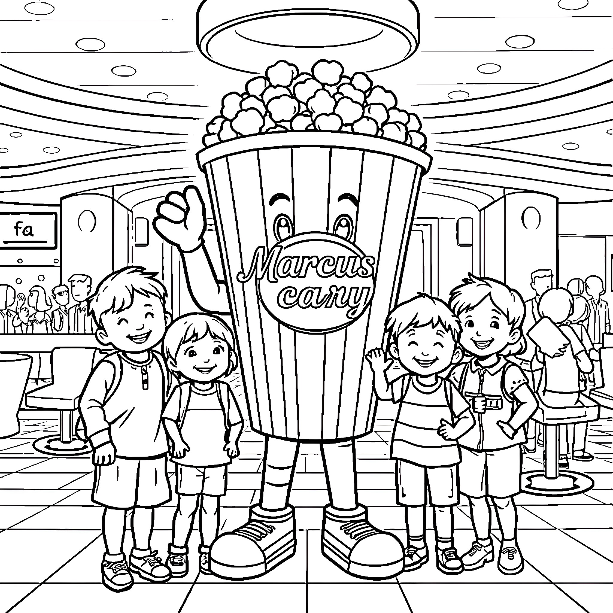 Popcorn Bucket with Children Enjoying the Theater Coloring Page (free black-and-white line drawing printable PDF for all, from beginners to advanced learners, including children, teens, adults, and seniors)