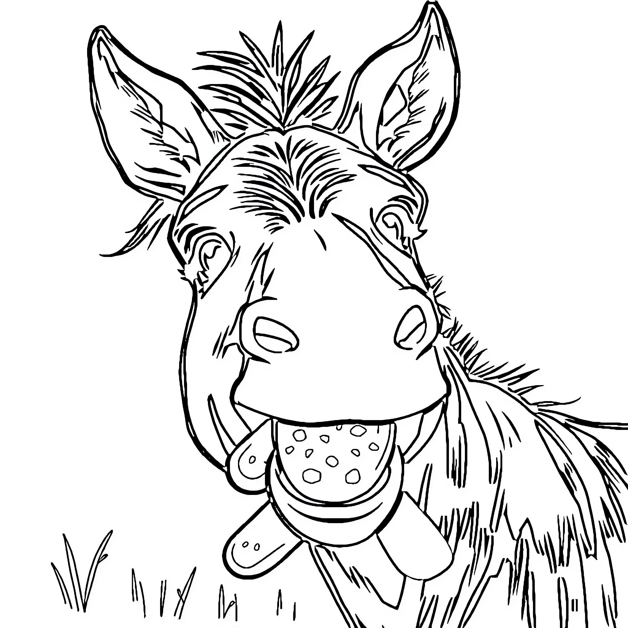 Donkey with playful expression and spotted attire Coloring Page (free black-and-white line drawing printable PDF for all, from beginners to advanced learners, including children, teens, adults, and seniors)