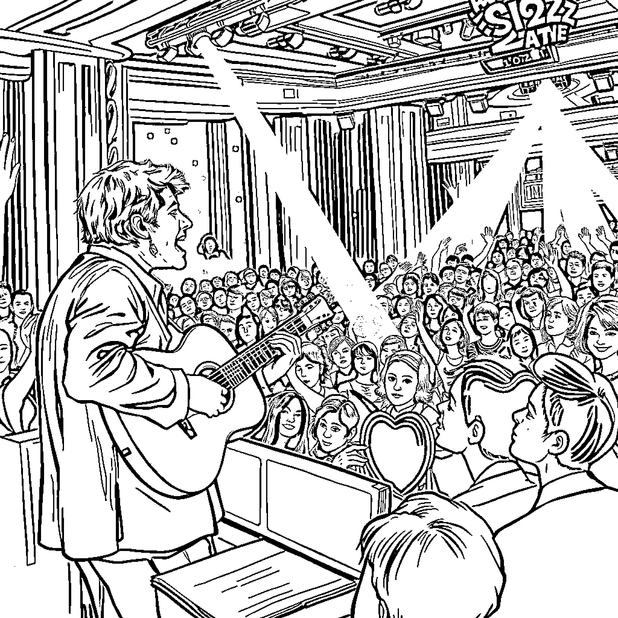 Music performance in a crowded theater Coloring Page (free black-and-white line drawing printable PDF for all, from beginners to advanced learners, including children, teens, adults, and seniors)