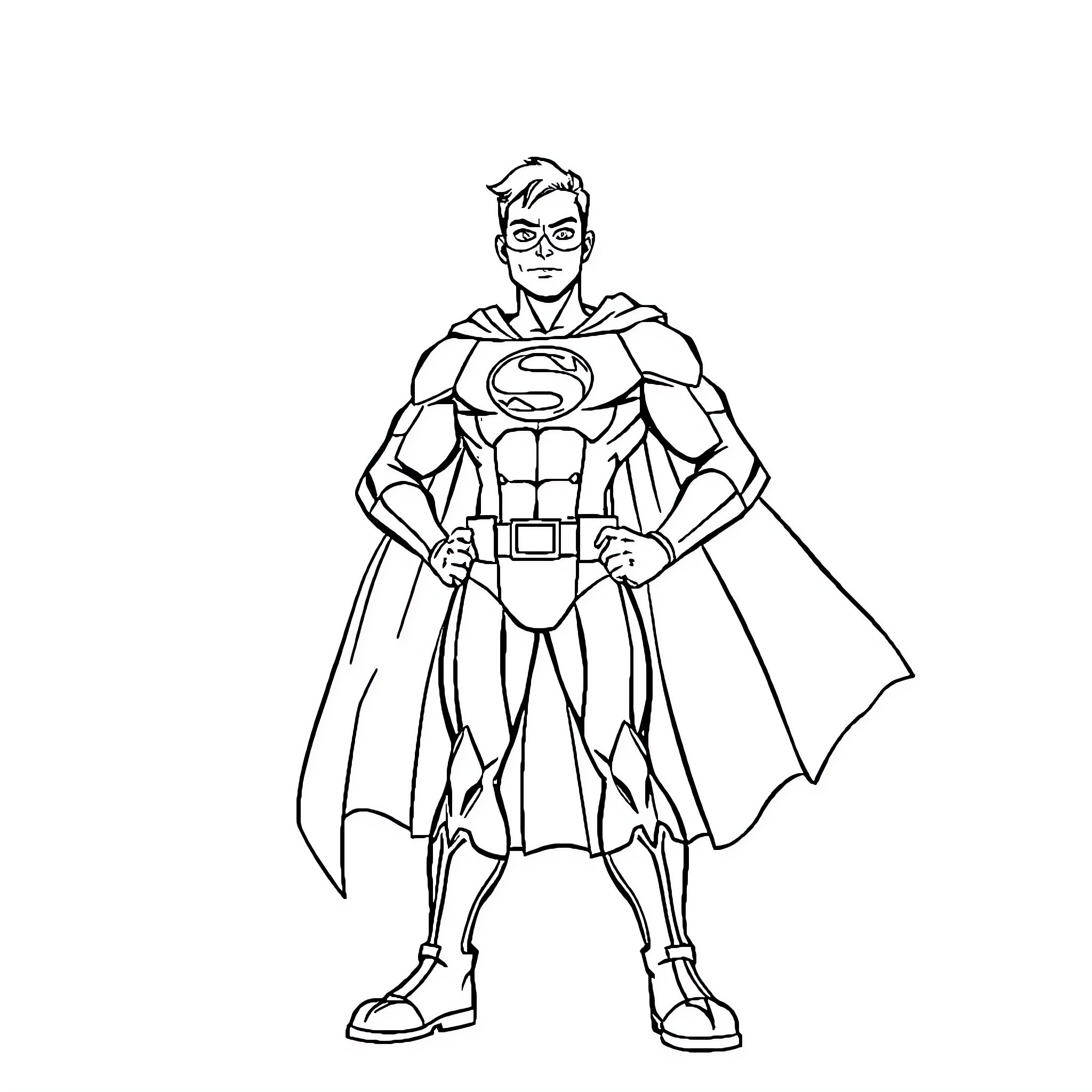 Superhero in Iconic Costume and Pose Coloring Page (free black-and-white line drawing printable PDF for all, from beginners to advanced learners, including children, teens, adults, and seniors)