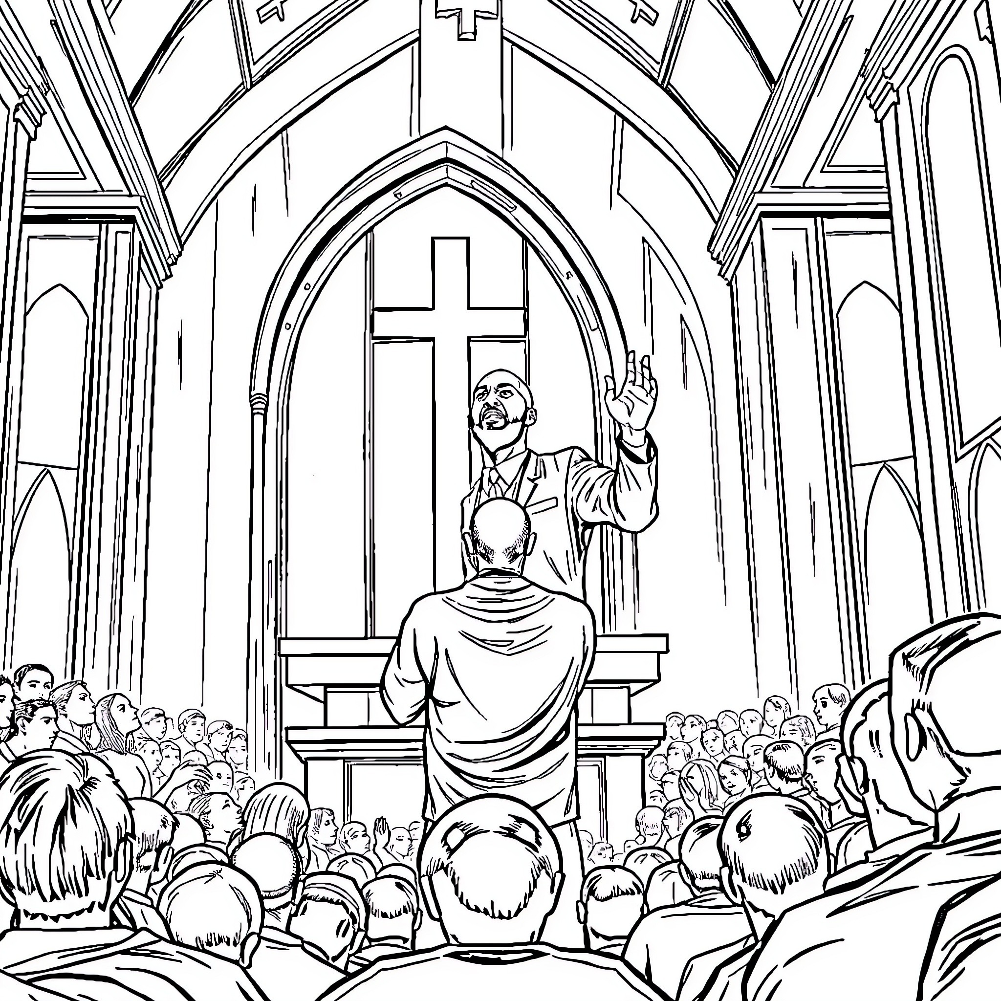 DMX Preaching Powerfully in a Crowded Church Coloring Page (free black-and-white line drawing printable PDF for all, from beginners to advanced learners, including children, teens, adults, and seniors)
