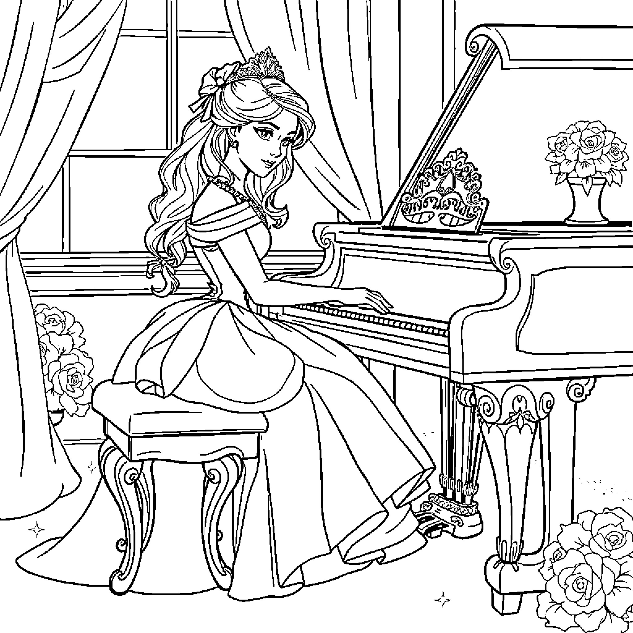 Princess playing elegant piano in ornate room Coloring Page (free black-and-white line drawing printable PDF for all, from beginners to advanced learners, including children, teens, adults, and seniors)