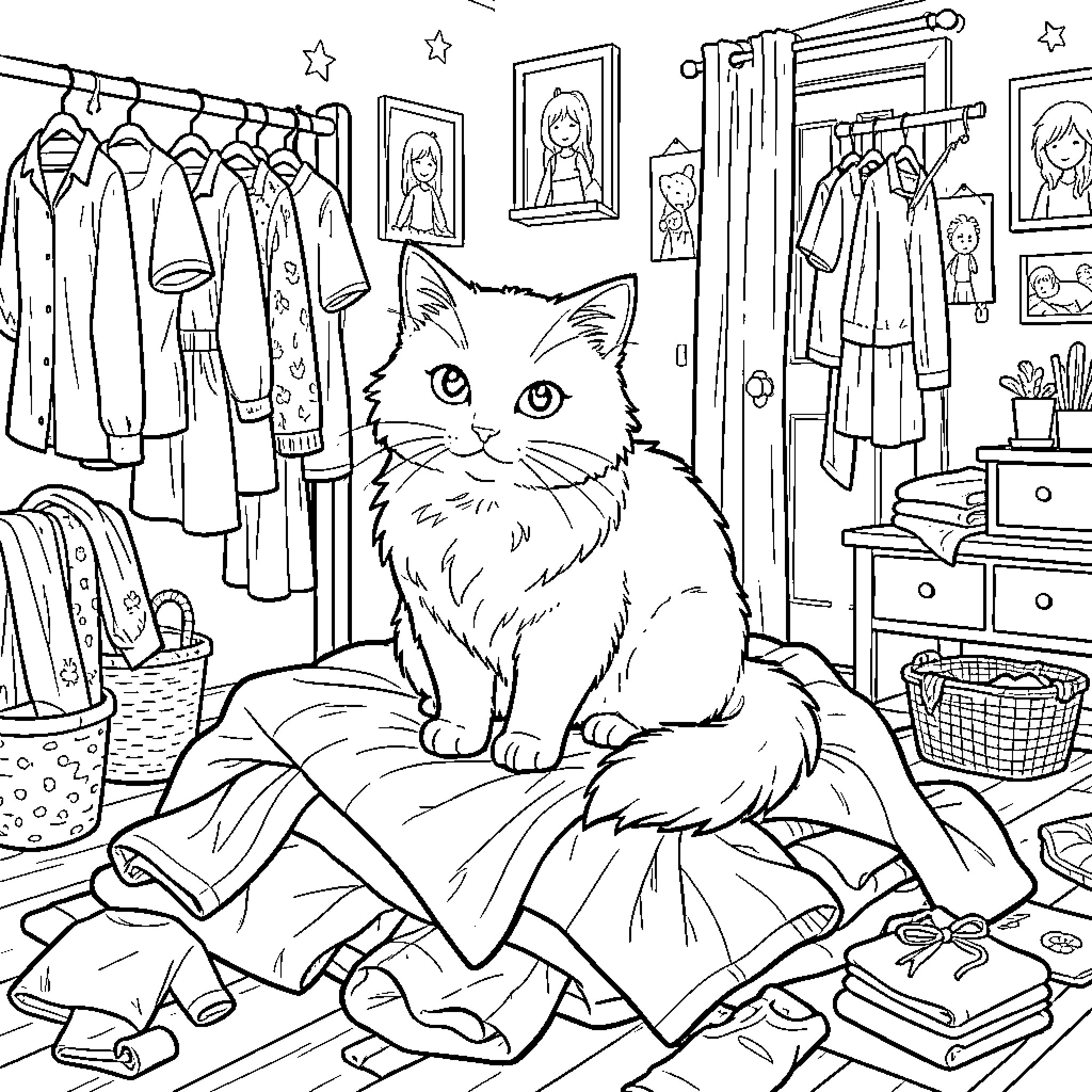 Cat relaxing in a messy closet Coloring Page (free black-and-white line drawing printable PDF for all, from beginners to advanced learners, including children, teens, adults, and seniors)