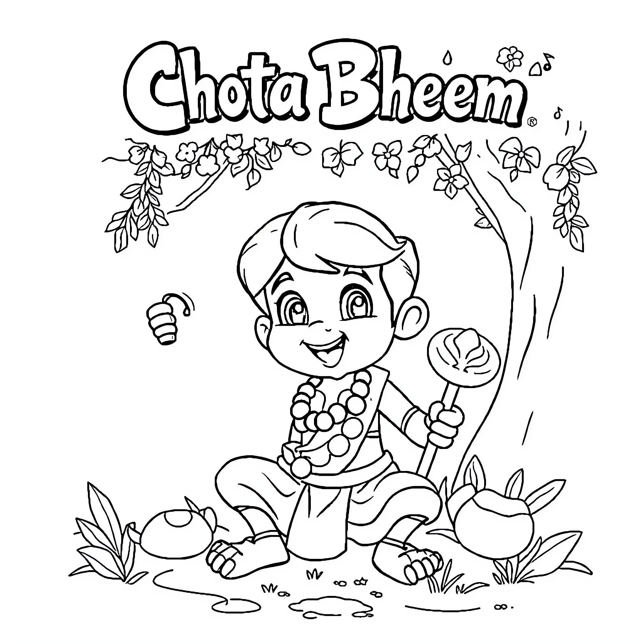 Chota Bheem exploring nature with flowers and animals Coloring Page (free black-and-white line drawing printable PDF for all, from beginners to advanced learners, including children, teens, adults, and seniors)