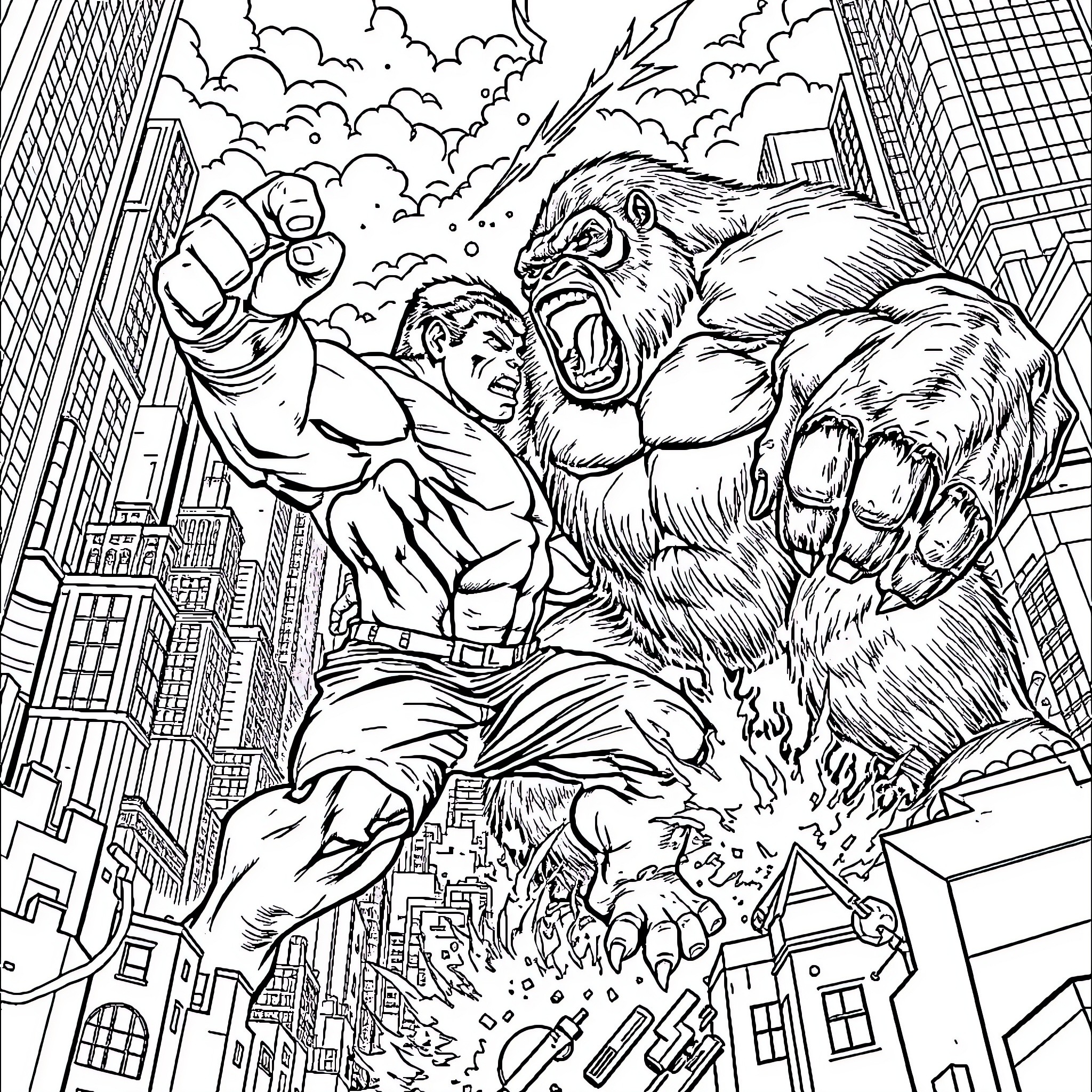 Hulk battling fierce giant monster in urban landscape Coloring Page (free black-and-white line drawing printable PDF for all, from beginners to advanced learners, including children, teens, adults, and seniors)