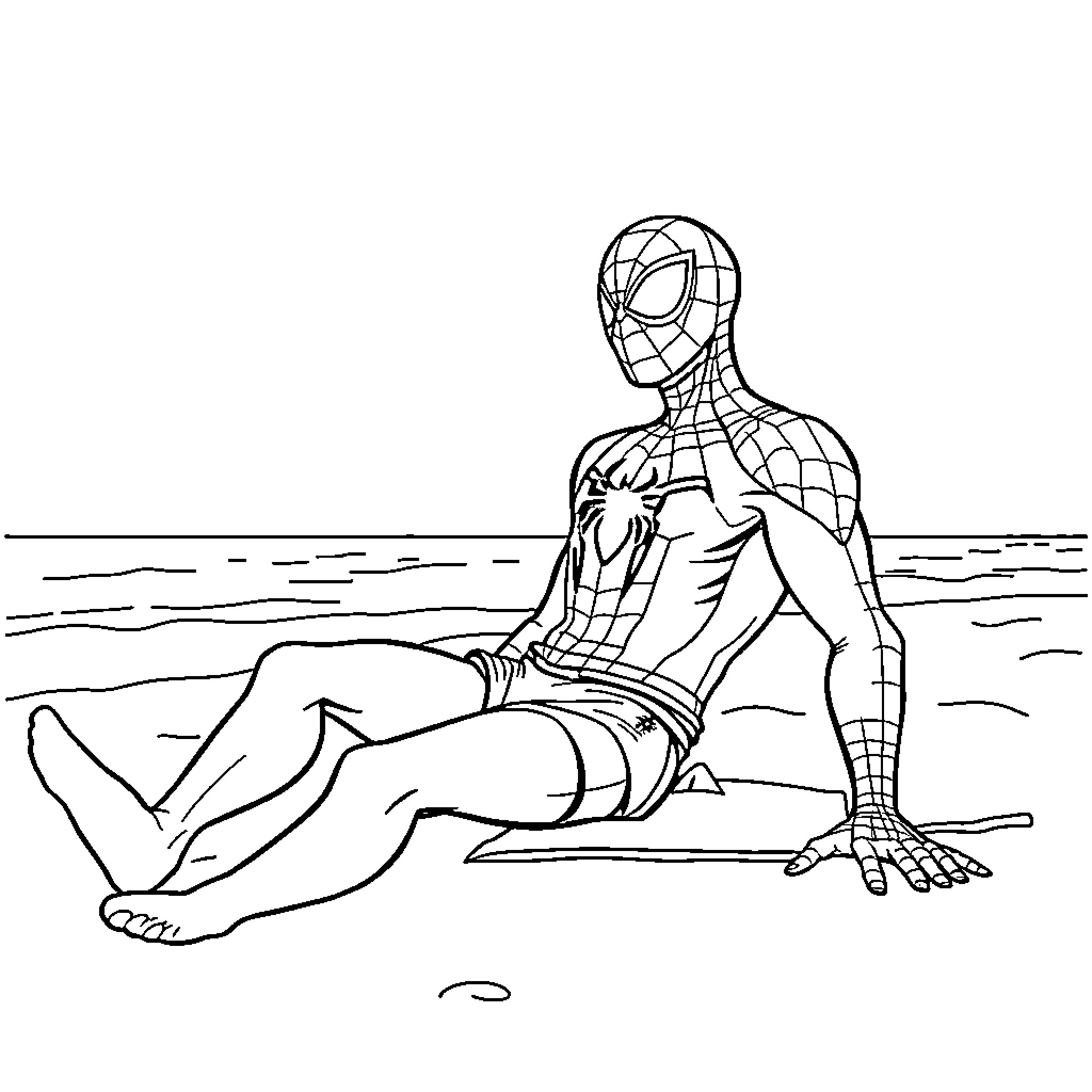Spiderman resting on the beach Coloring Page (free black-and-white line drawing printable PDF for all, from beginners to advanced learners, including children, teens, adults, and seniors)