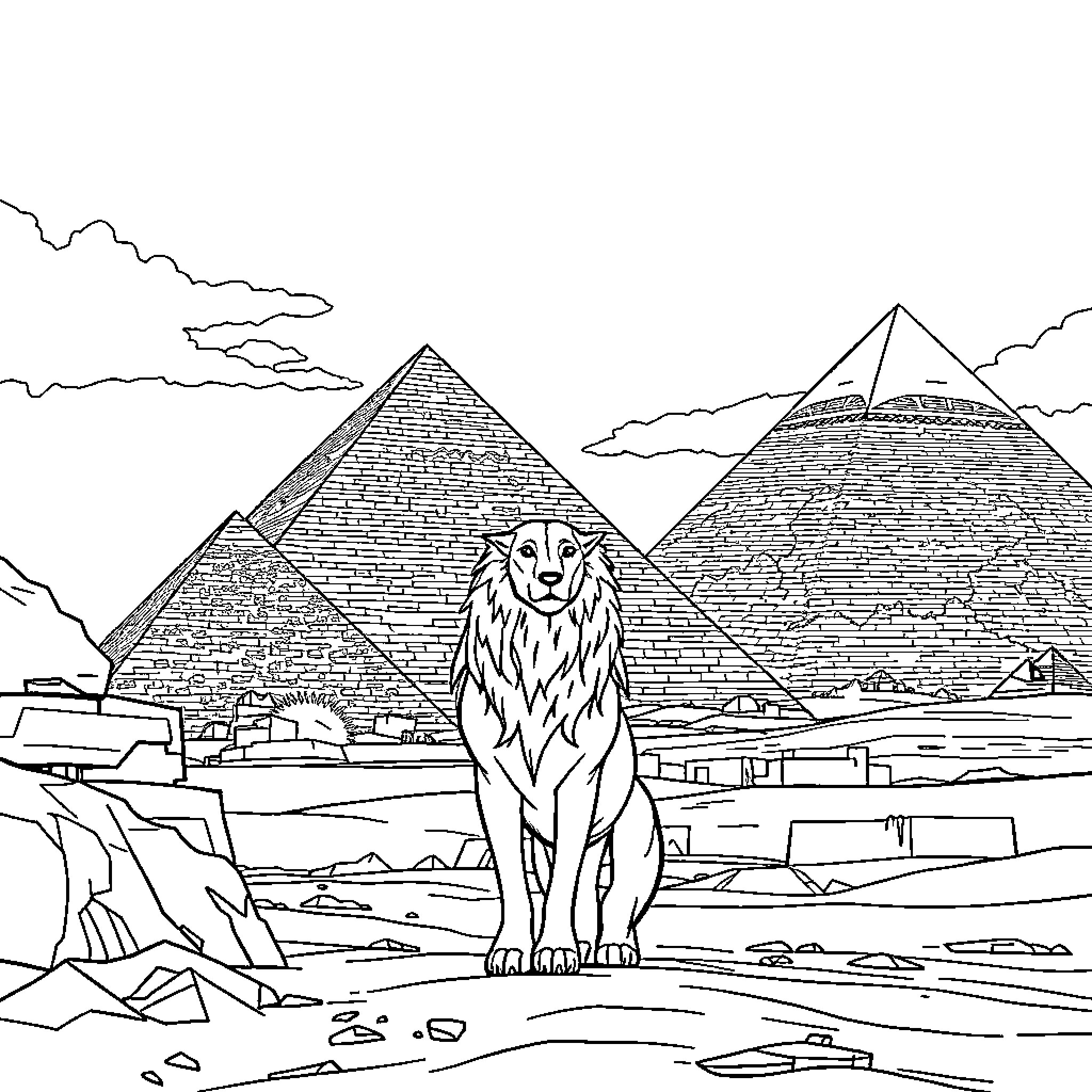Queen's Majestic Presence Amid Ancient Wonders Coloring Page (free black-and-white line drawing printable PDF for all, from beginners to advanced learners, including children, teens, adults, and seniors)