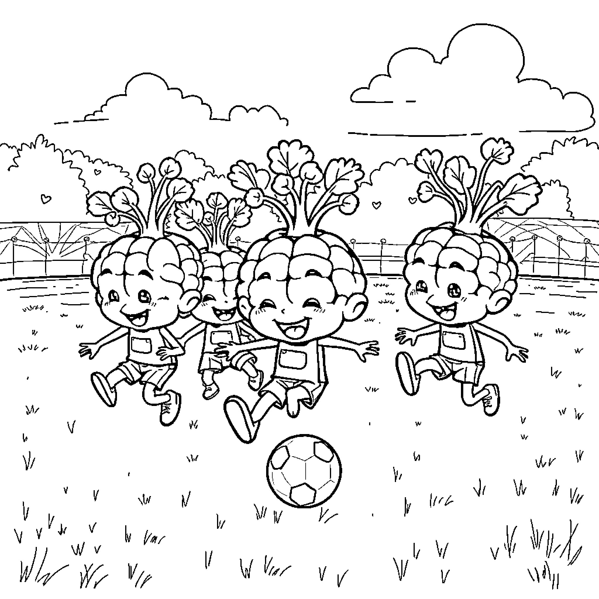 Brainrot Kids Playing Soccer in Whimsical Field Coloring Page (free black-and-white line drawing printable PDF for all, from beginners to advanced learners, including children, teens, adults, and seniors)