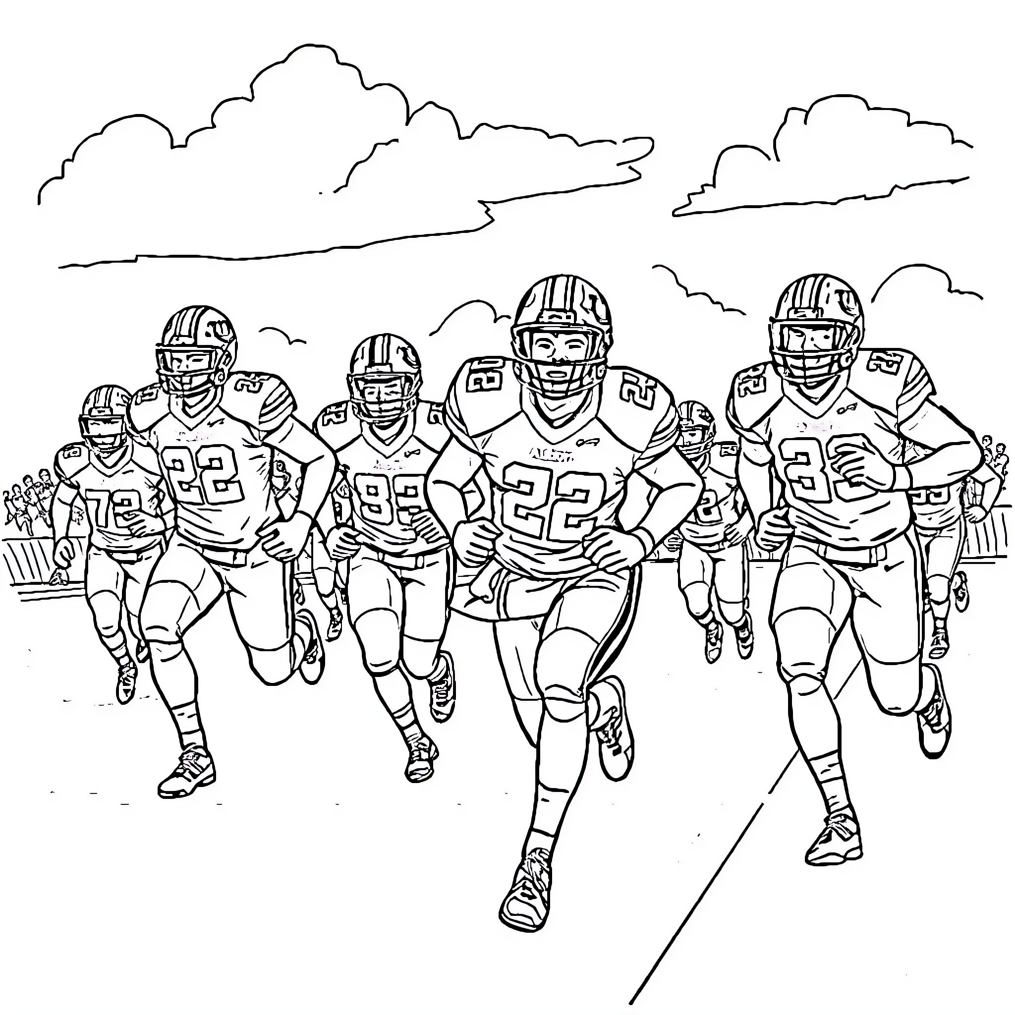 Auburn Football Players Rushing onto the Field Coloring Page (free black-and-white line drawing printable PDF for all, from beginners to advanced learners, including children, teens, adults, and seniors)