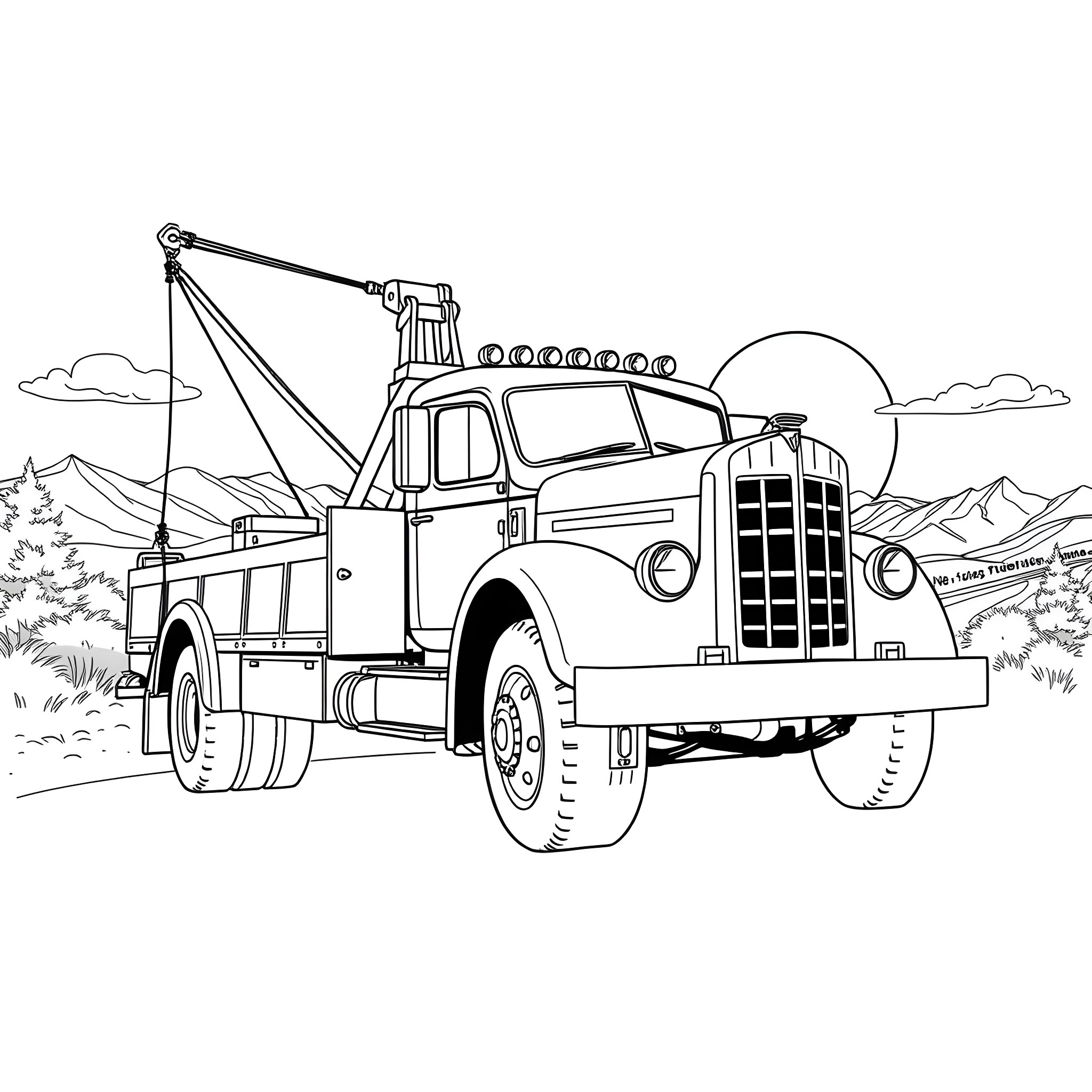 Tow Truck Towing Vehicle in Scenic Landscape Coloring Page (free black-and-white line drawing printable PDF for all, from beginners to advanced learners, including children, teens, adults, and seniors)