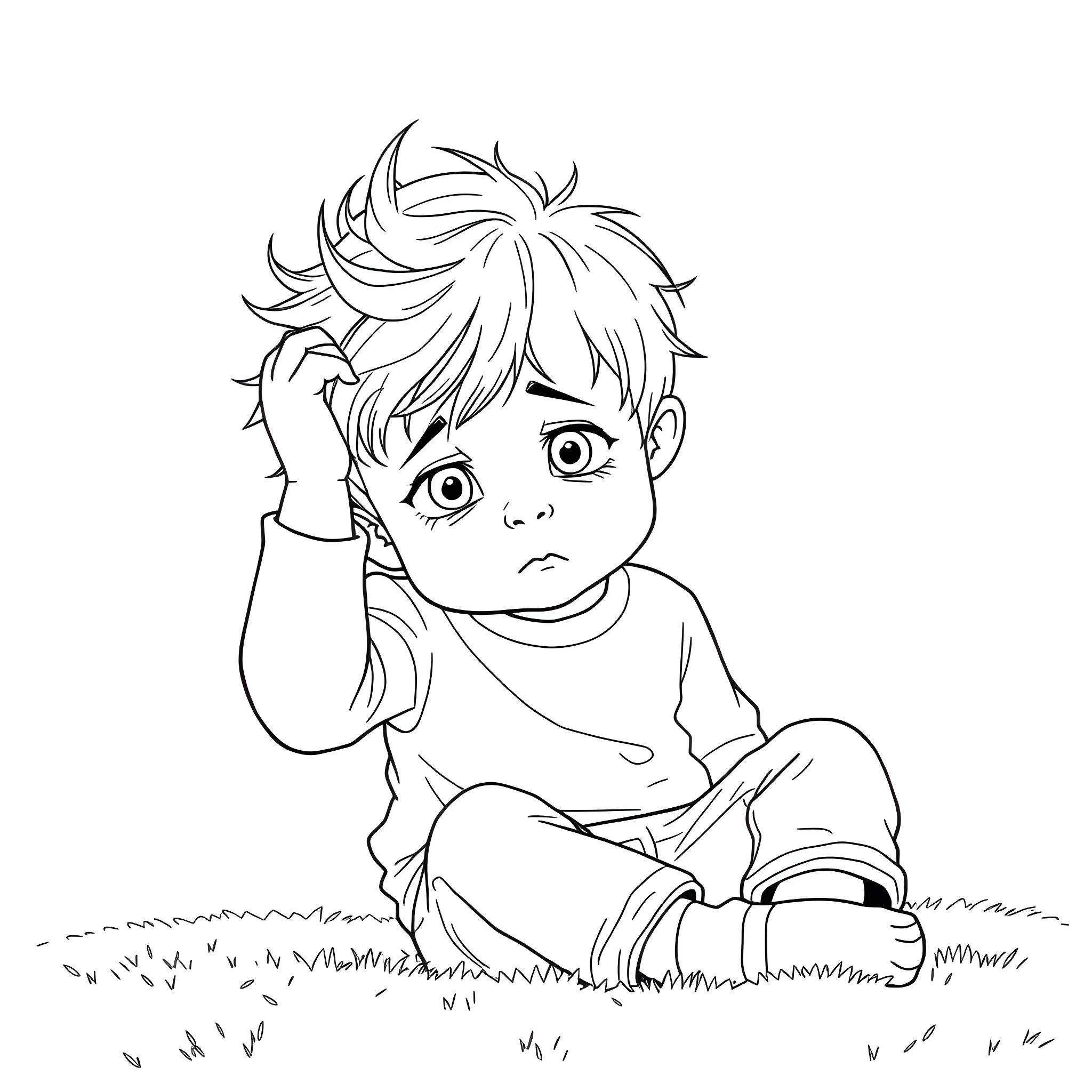 Boy lost in deep thought on the grass Coloring Page (free black-and-white line drawing printable PDF for all, from beginners to advanced learners, including children, teens, adults, and seniors)
