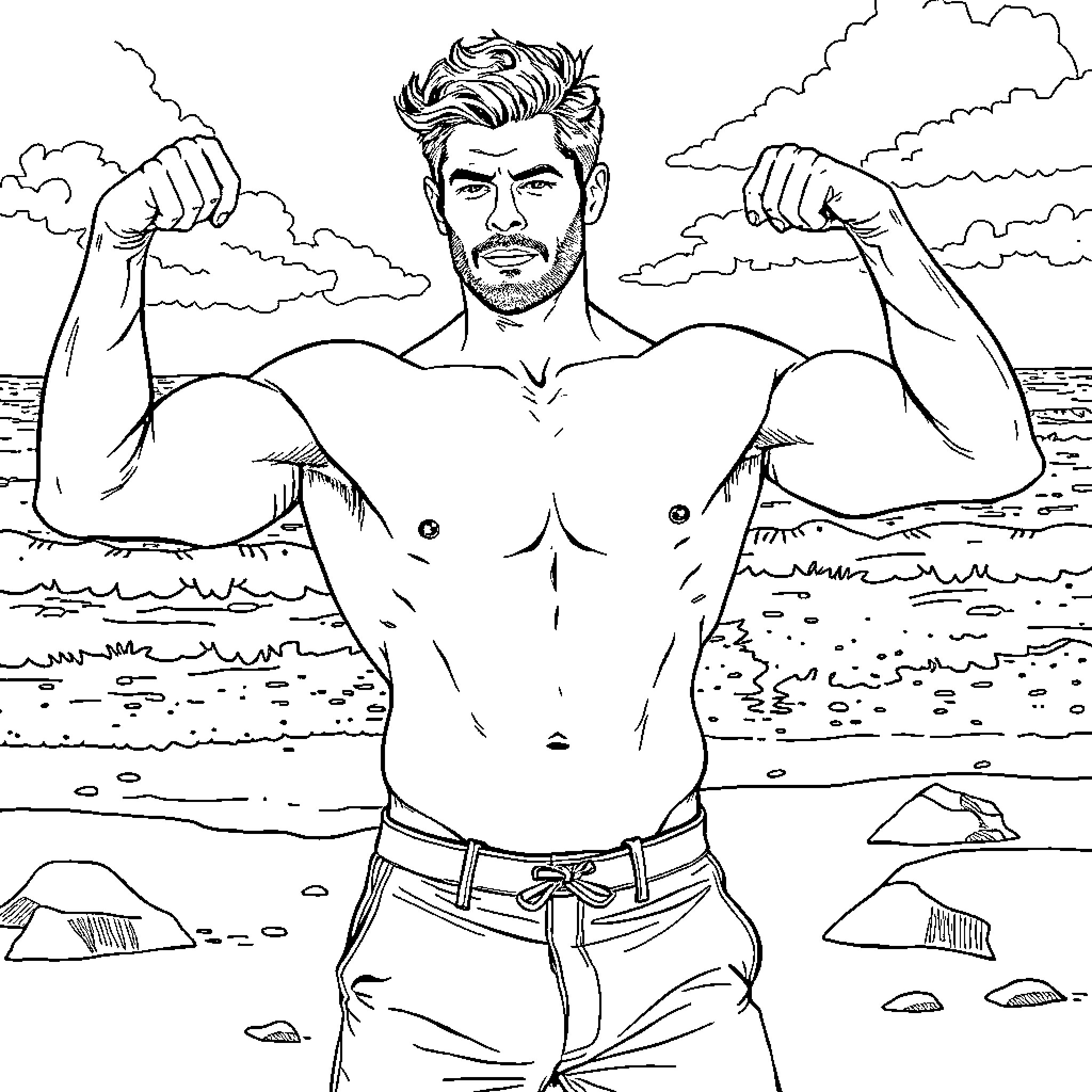 Henry Cavill's muscular physique on the beach Coloring Page (free black-and-white line drawing printable PDF for all, from beginners to advanced learners, including children, teens, adults, and seniors)
