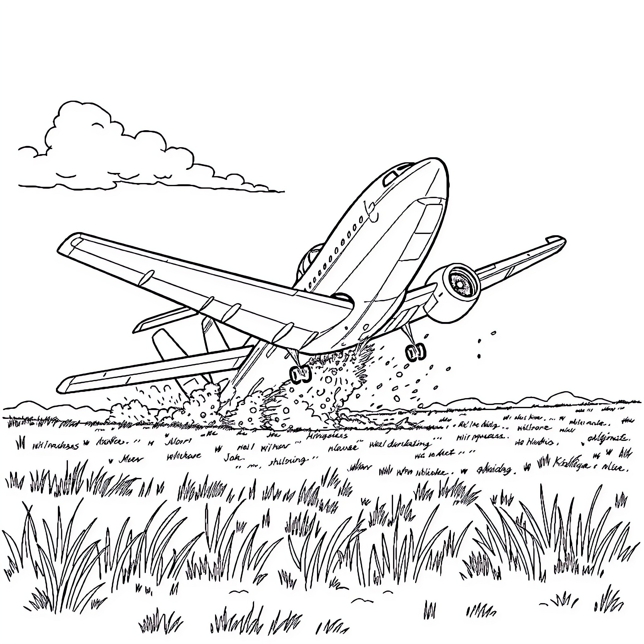 Aeroplane taking off amidst clouds and vegetation Coloring Page (free black-and-white line drawing printable PDF for all, from beginners to advanced learners, including children, teens, adults, and seniors)