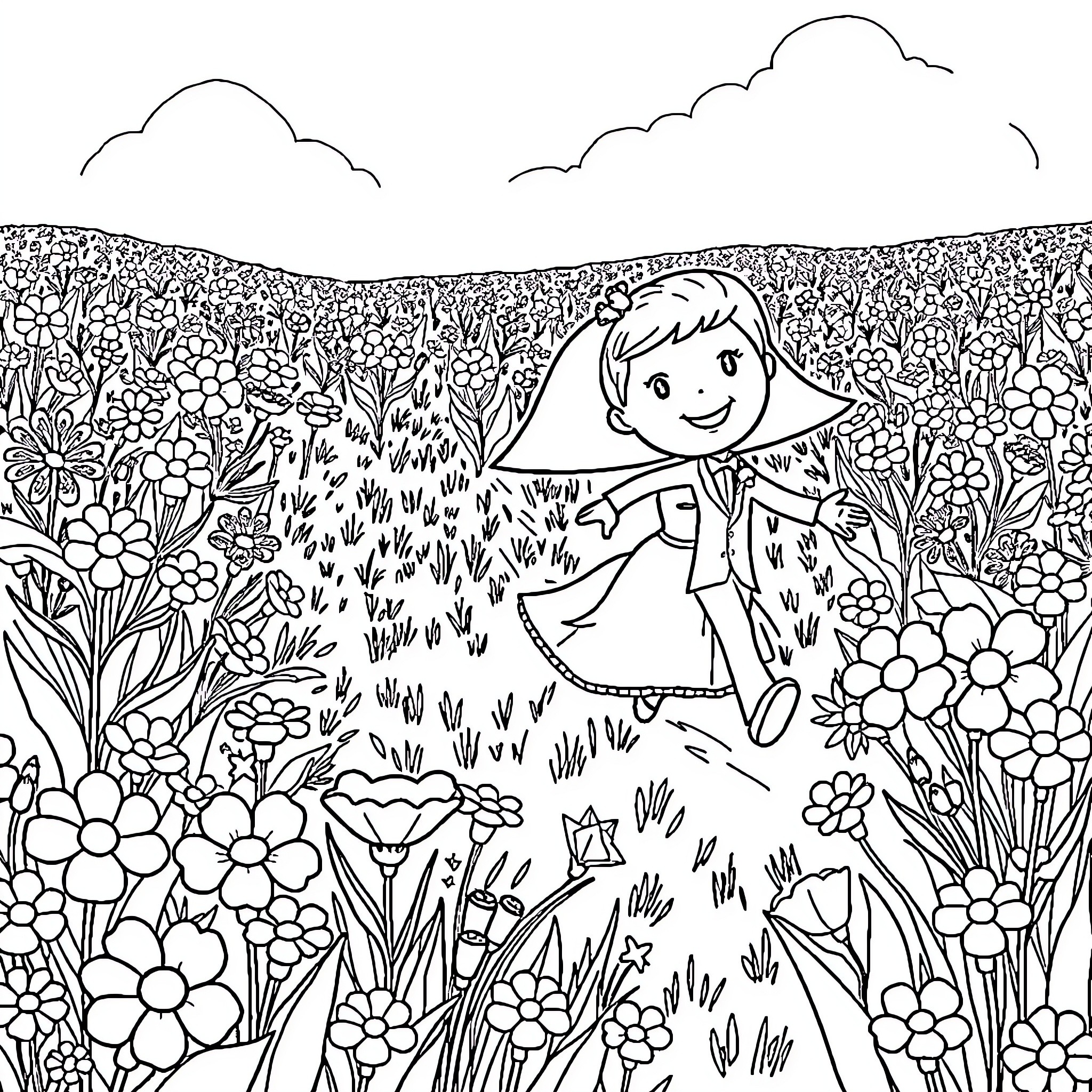 Bride and Groom in a Vibrant Floral Garden Coloring Page (free black-and-white line drawing printable PDF for all, from beginners to advanced learners, including children, teens, adults, and seniors)